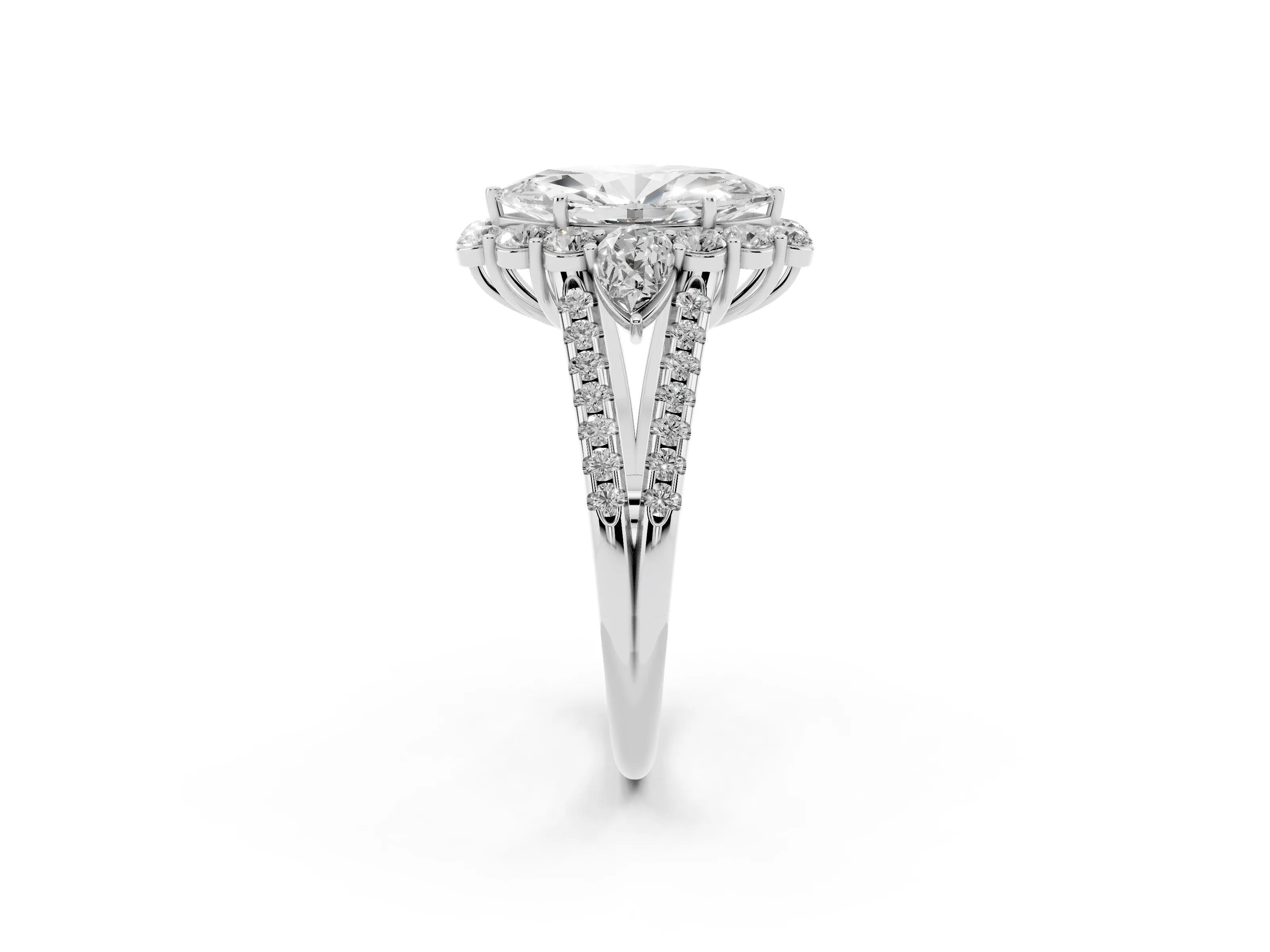 Marquise Cut Diamond Halo Split Shank Engagement Ring Set in White gold with Prong-Held Center Stone