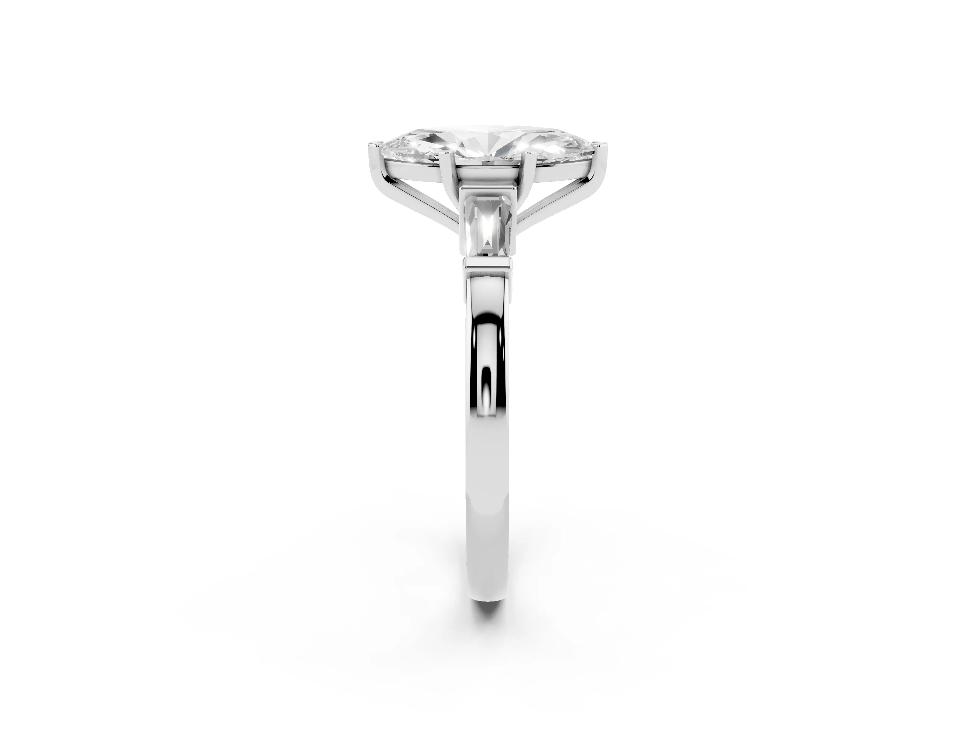 Marquise Cut Diamond Solitaire Ring Set in Platinum with Tapered Baguette Accents and Prong Setting