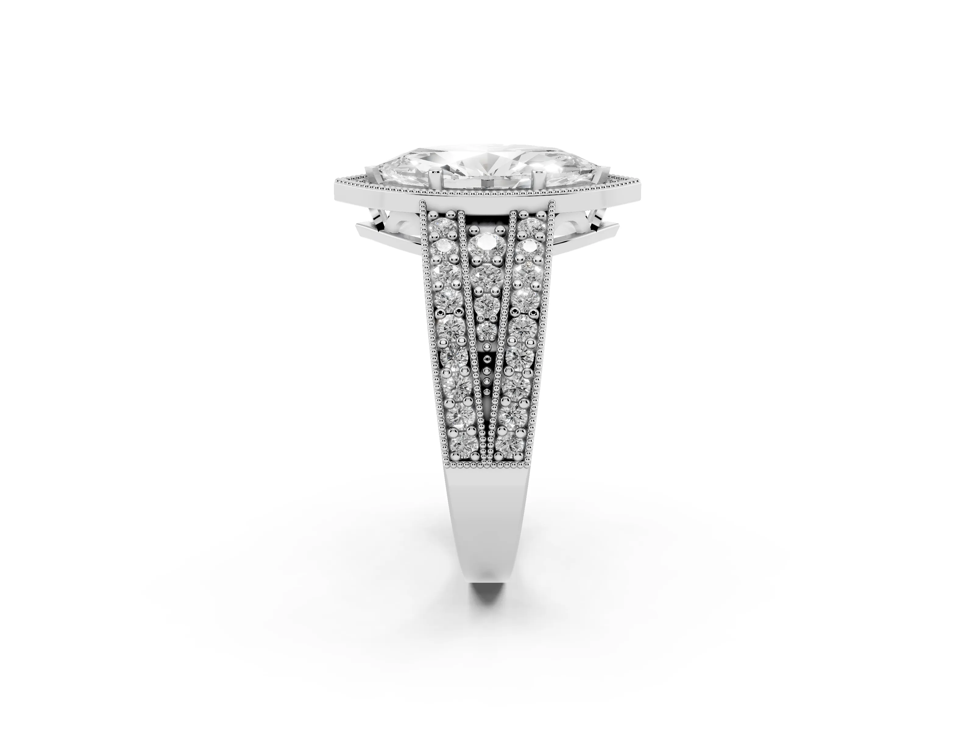 Marquise Cut Diamond Halo Ring Set in White gold with Accent Split Shank and Prong Setting
