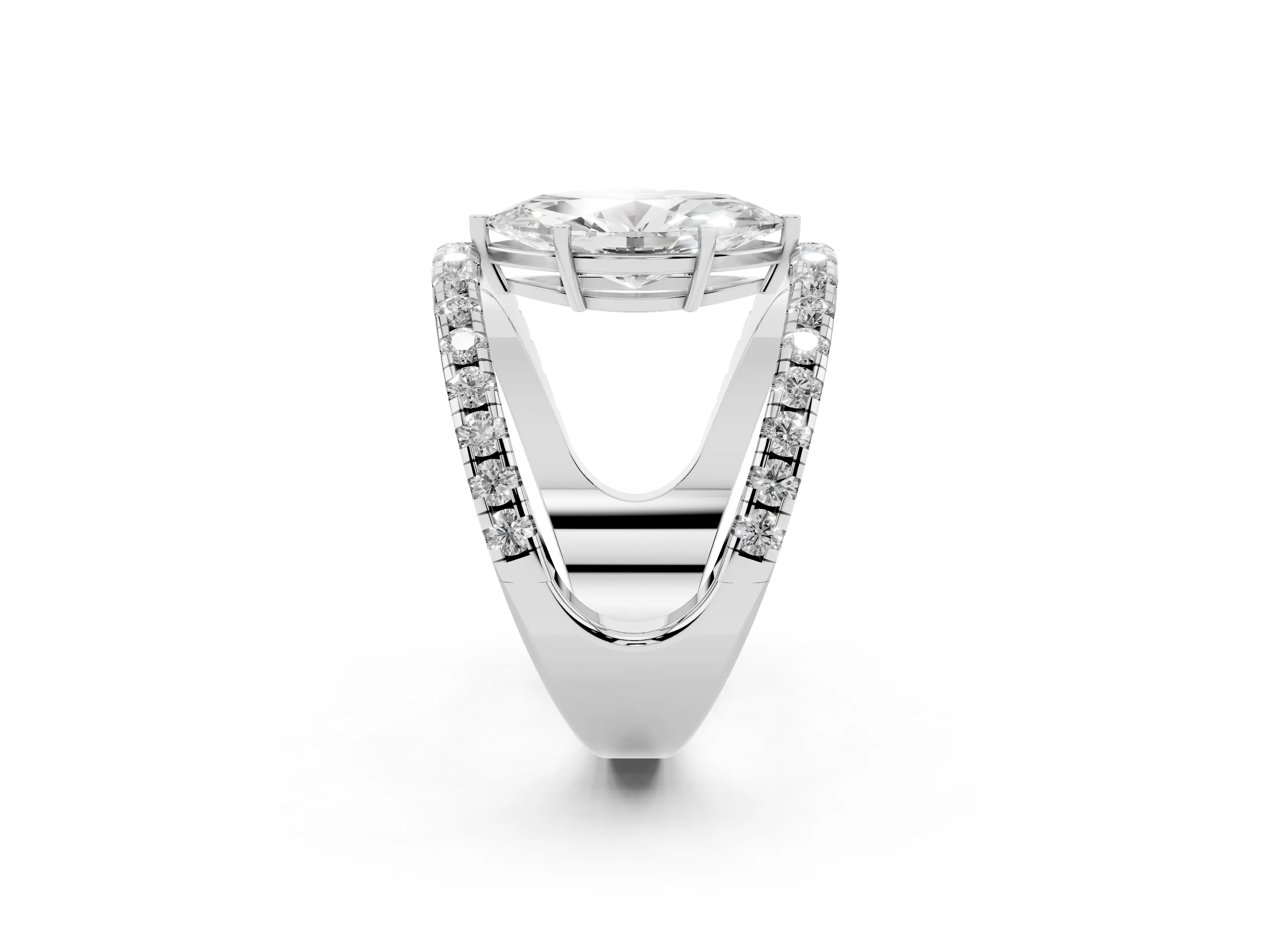 Marquise Cut Diamond Split Shank Pavé Solitaire Ring Set in Silver with Open Shank Design