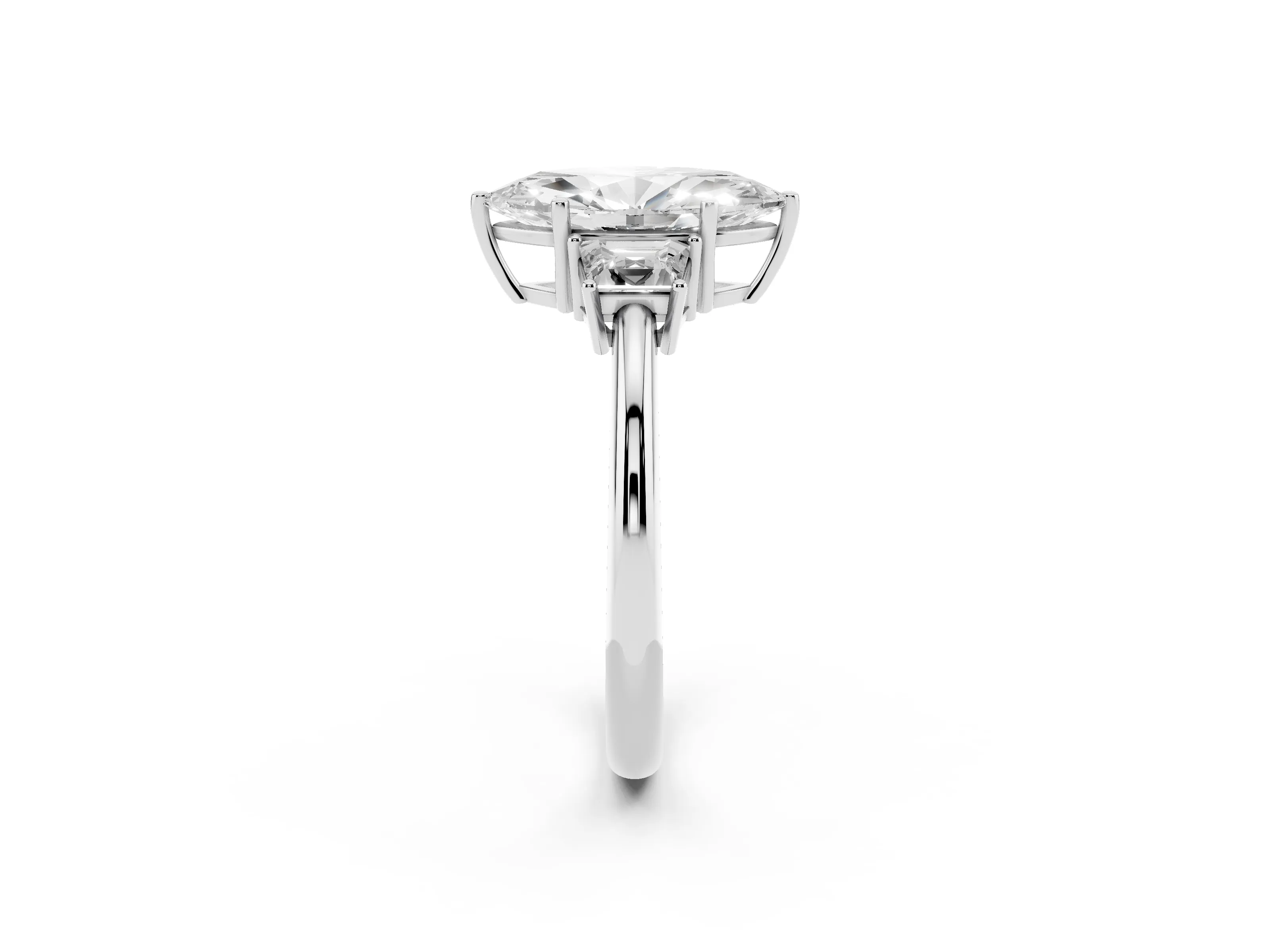 Marquise Cut Diamond Three-Stone Ring Set in White gold with Trapezoid Side Stones and Prong Setting