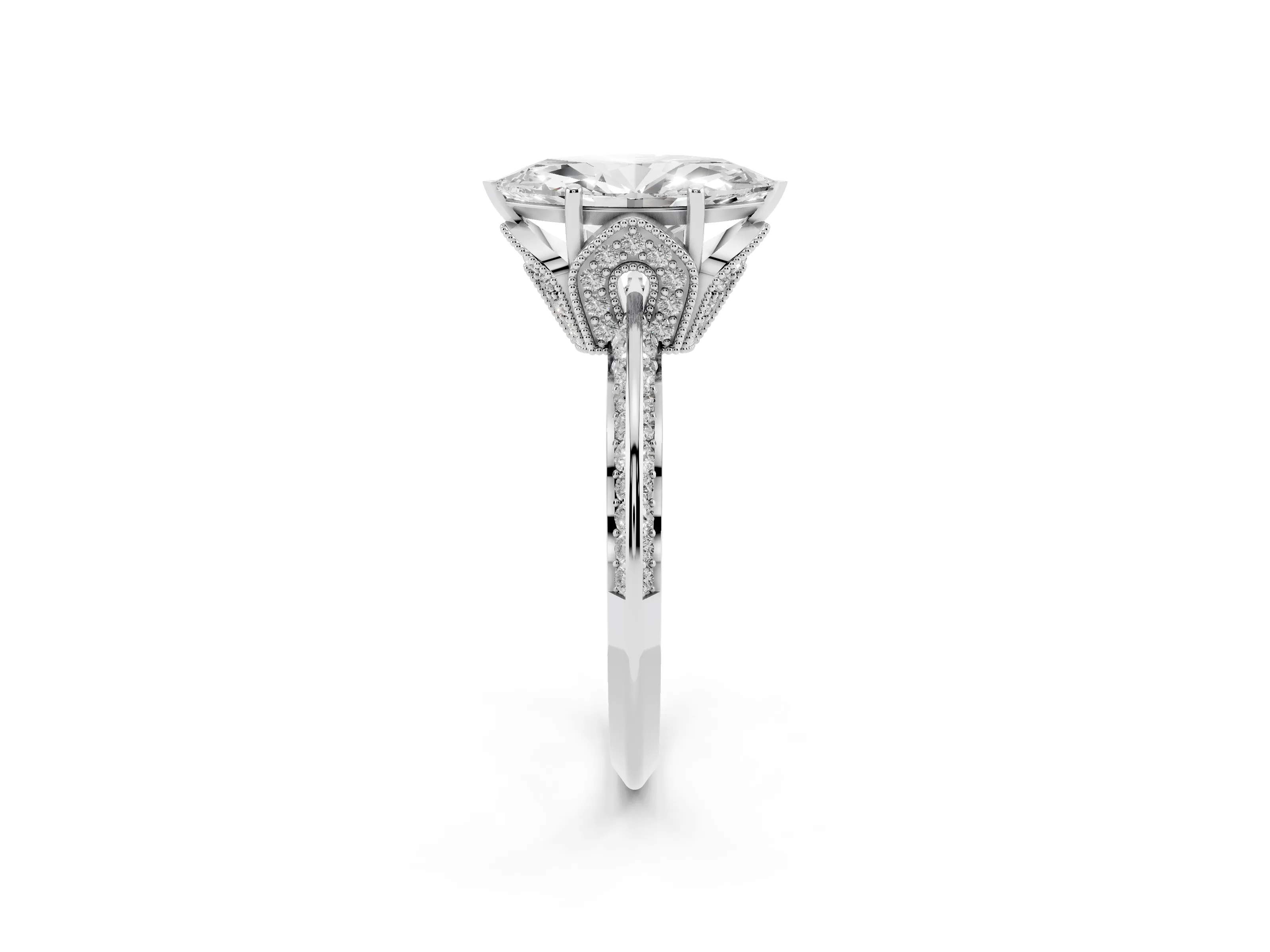 Marquise Cut Diamond Solitaire Engagement Ring Set in Silver with Pavé Split Shank and Prong Setting