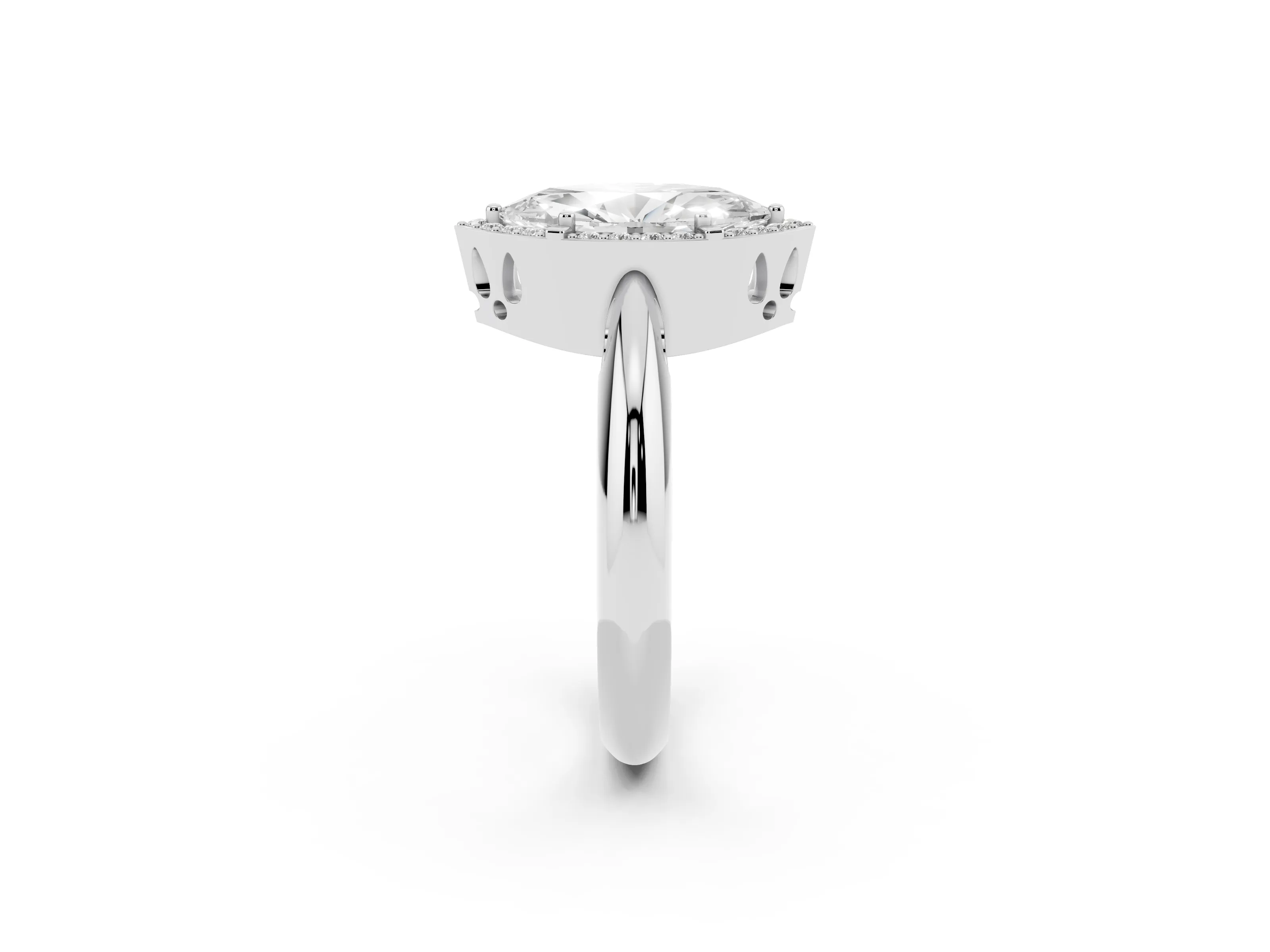Marquise Cut Diamond Halo Engagement Ring Set in White gold with Plain Split Shank and Prong Setting