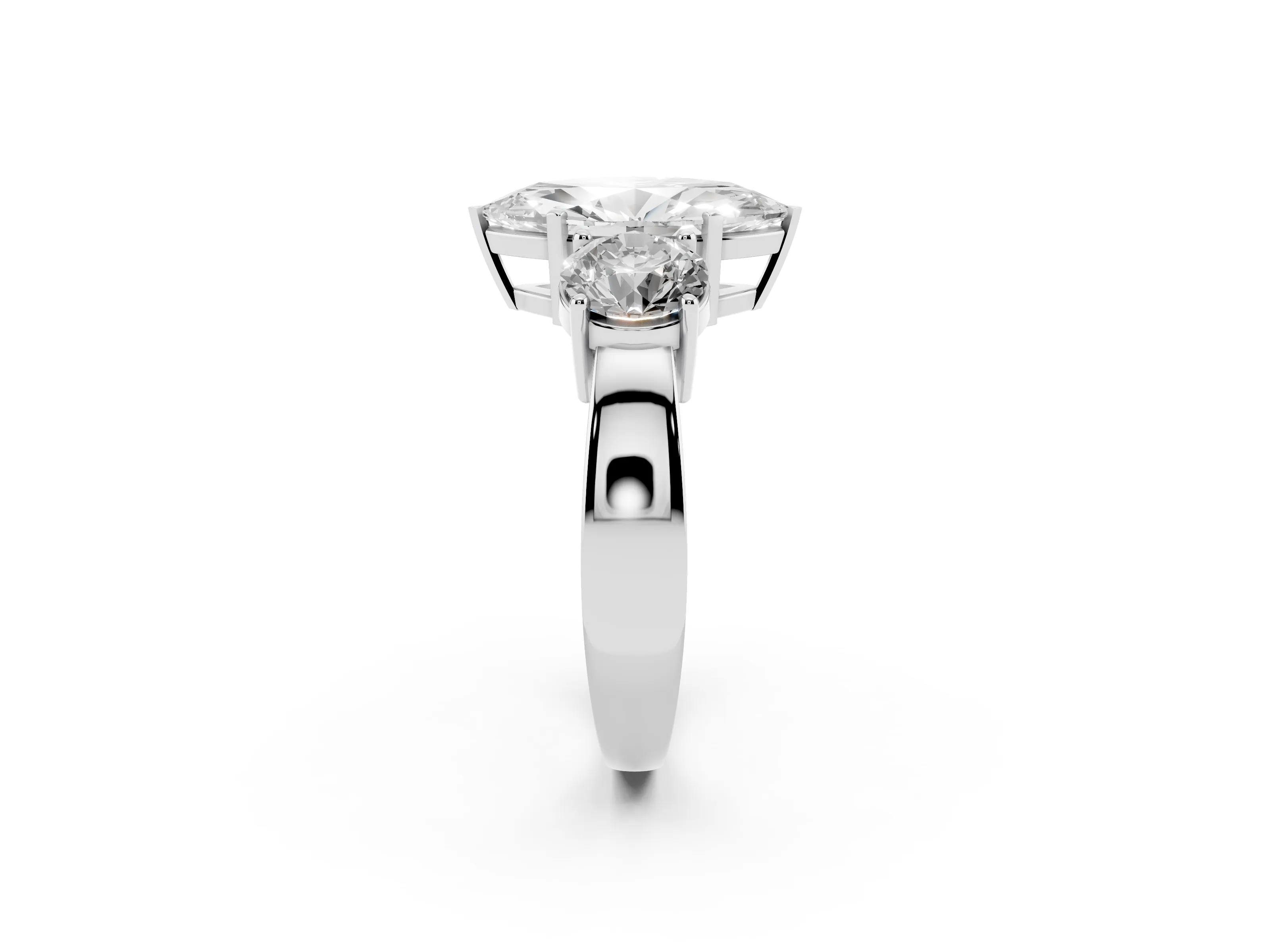 Marquise Cut Diamond Three-Stone Ring Set in Platinum with Round Side Stones and Classic Band
