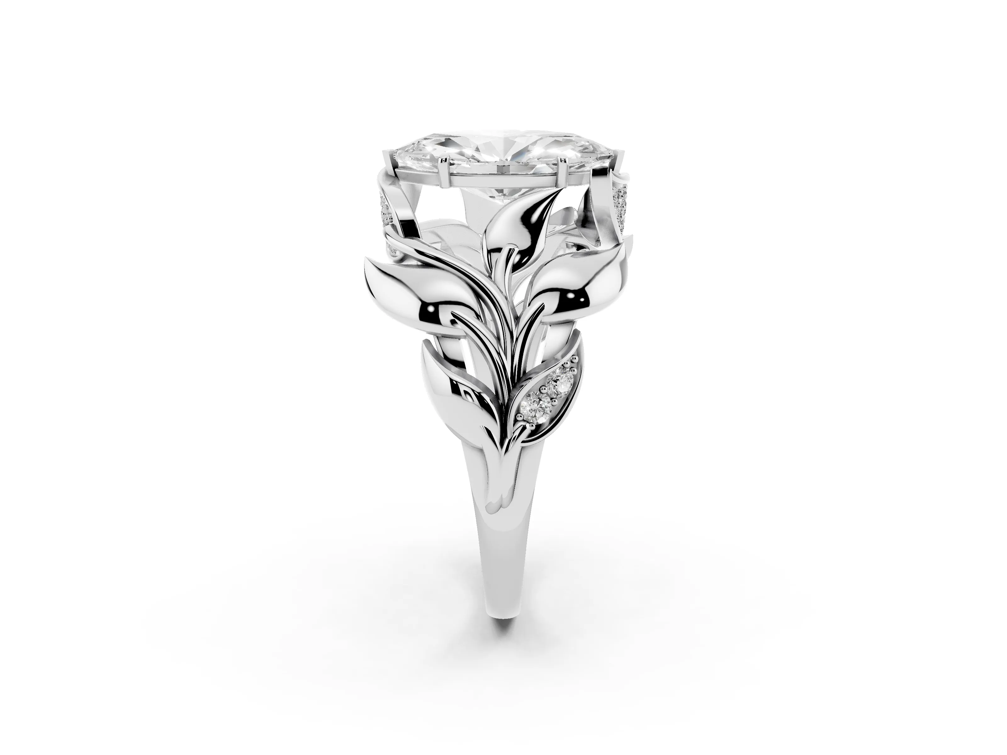 Marquise Cut Diamond Leaf-Inspired Engagement Ring Set in Platinum with Round Accents