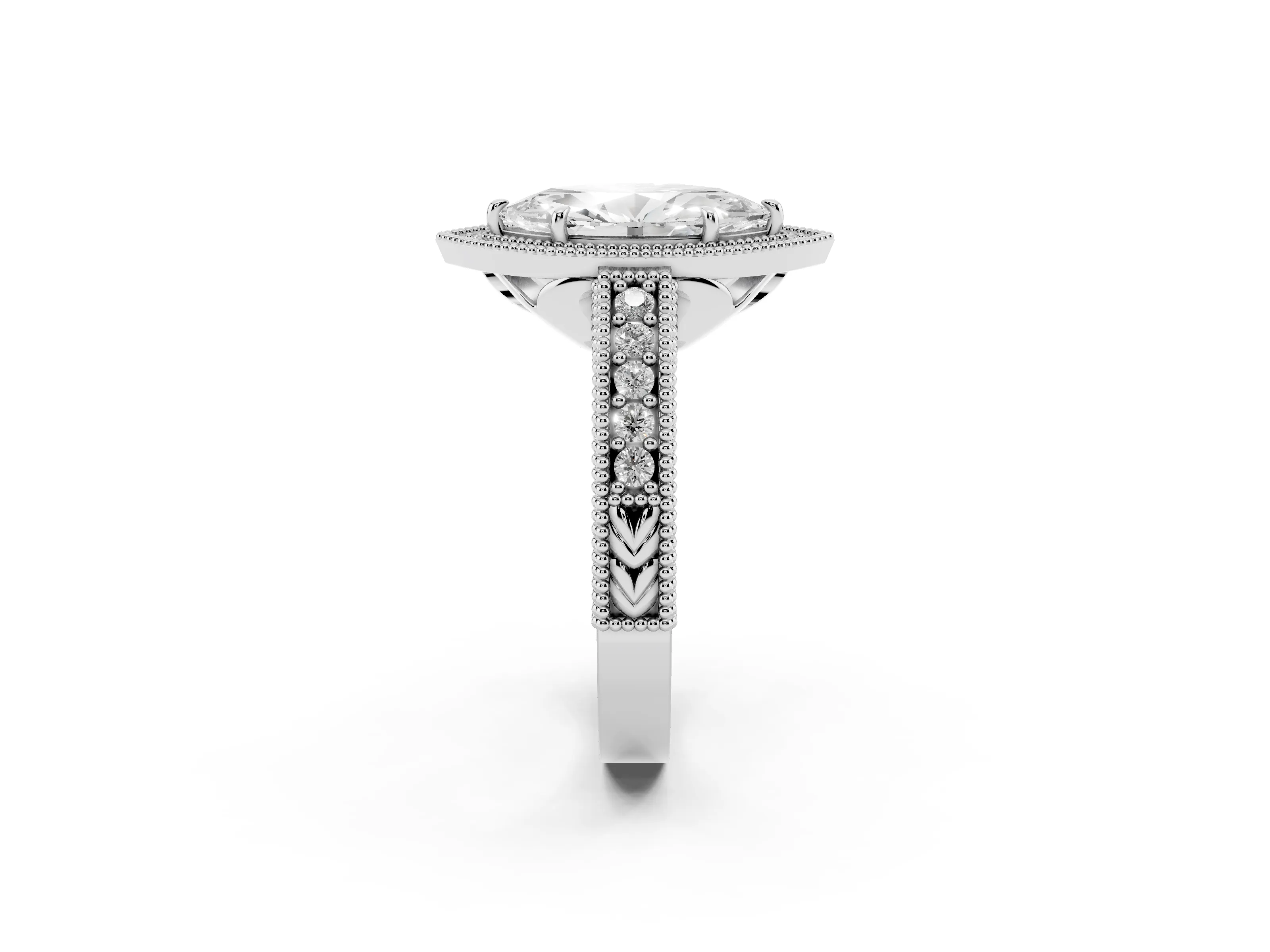 Marquise Cut Diamond Halo Ring Set in White gold with Round Accent Halo, Pavé Band and Prong Setting