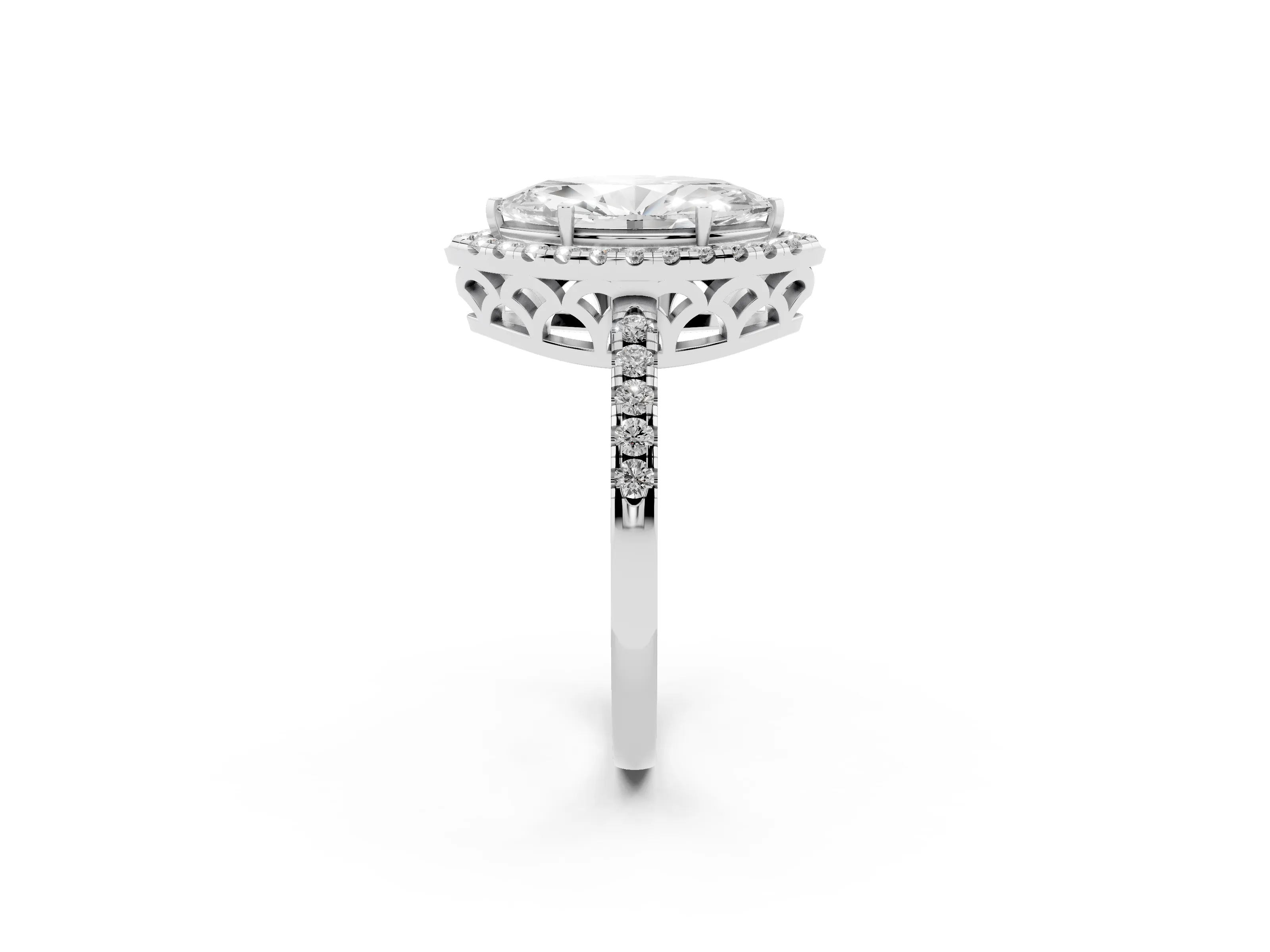 Marquise Cut Diamond Pavé Band Halo Engagement Ring Set in Platinum with Prong Setting