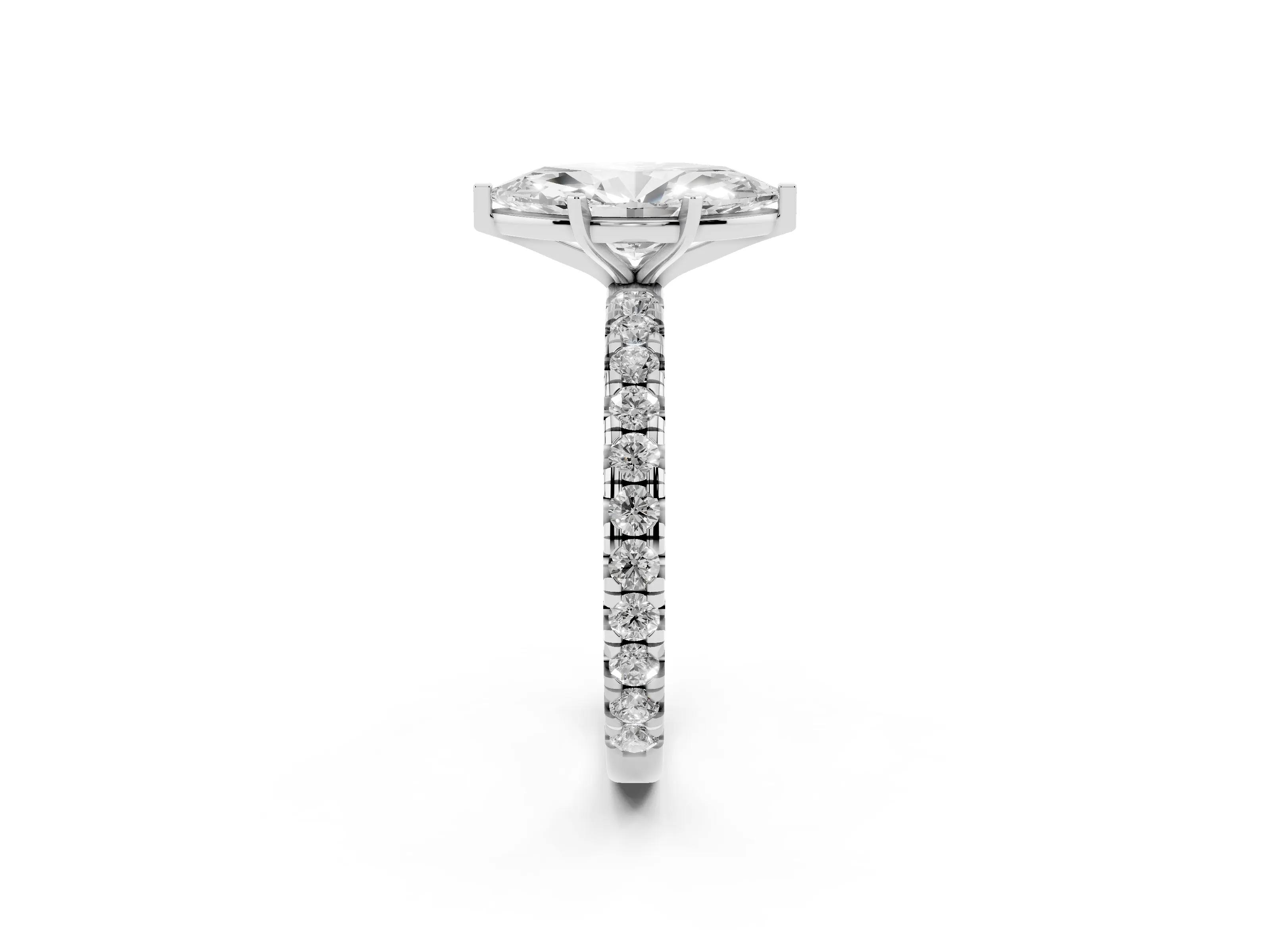 Marquise Cut Diamond Pavé Solitaire Ring Set in White gold with Round Band and Prong Setting