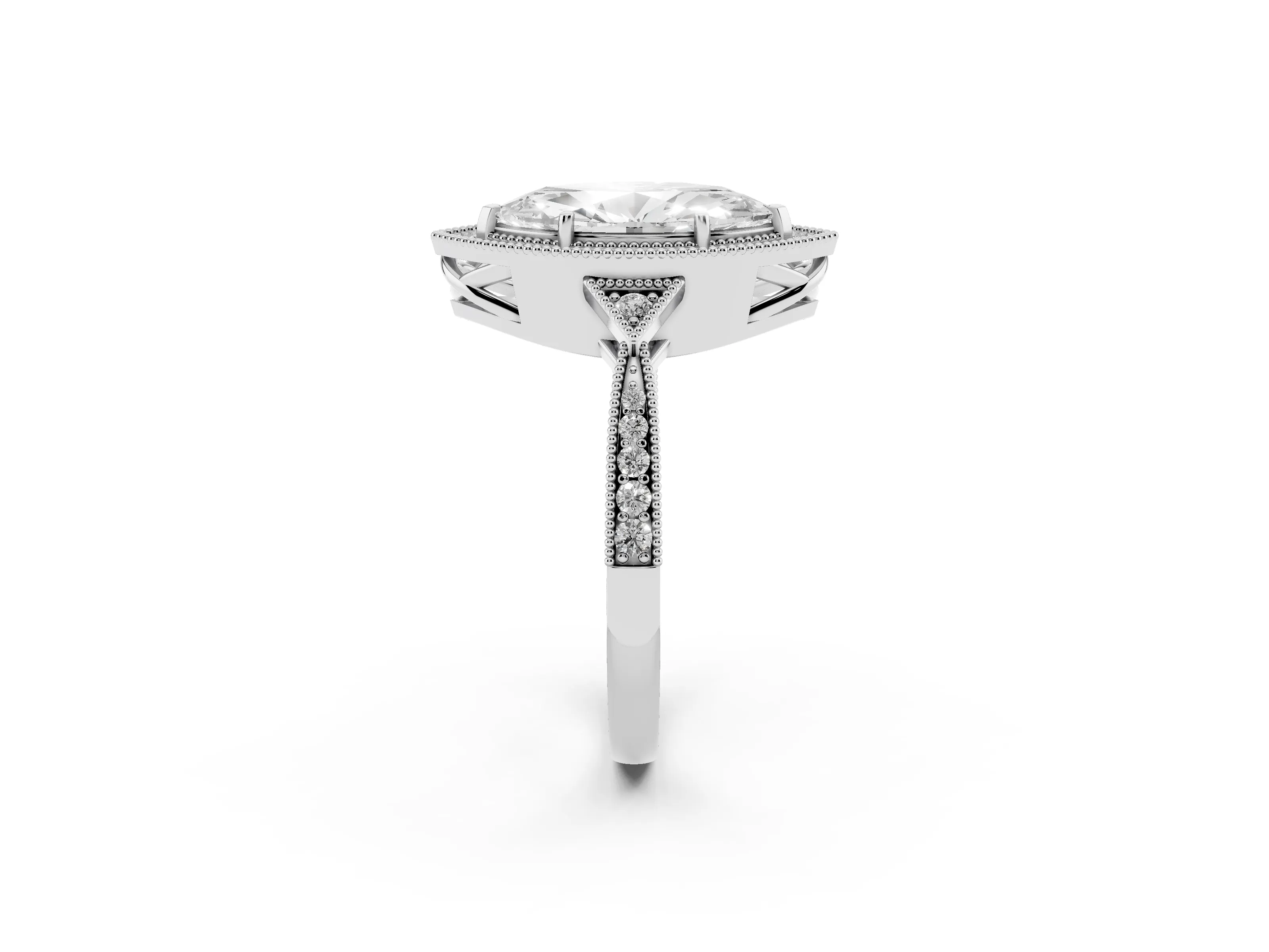 Marquise Cut Diamond Halo Engagement Ring Set in Silver with Milgrain Pavé Band
