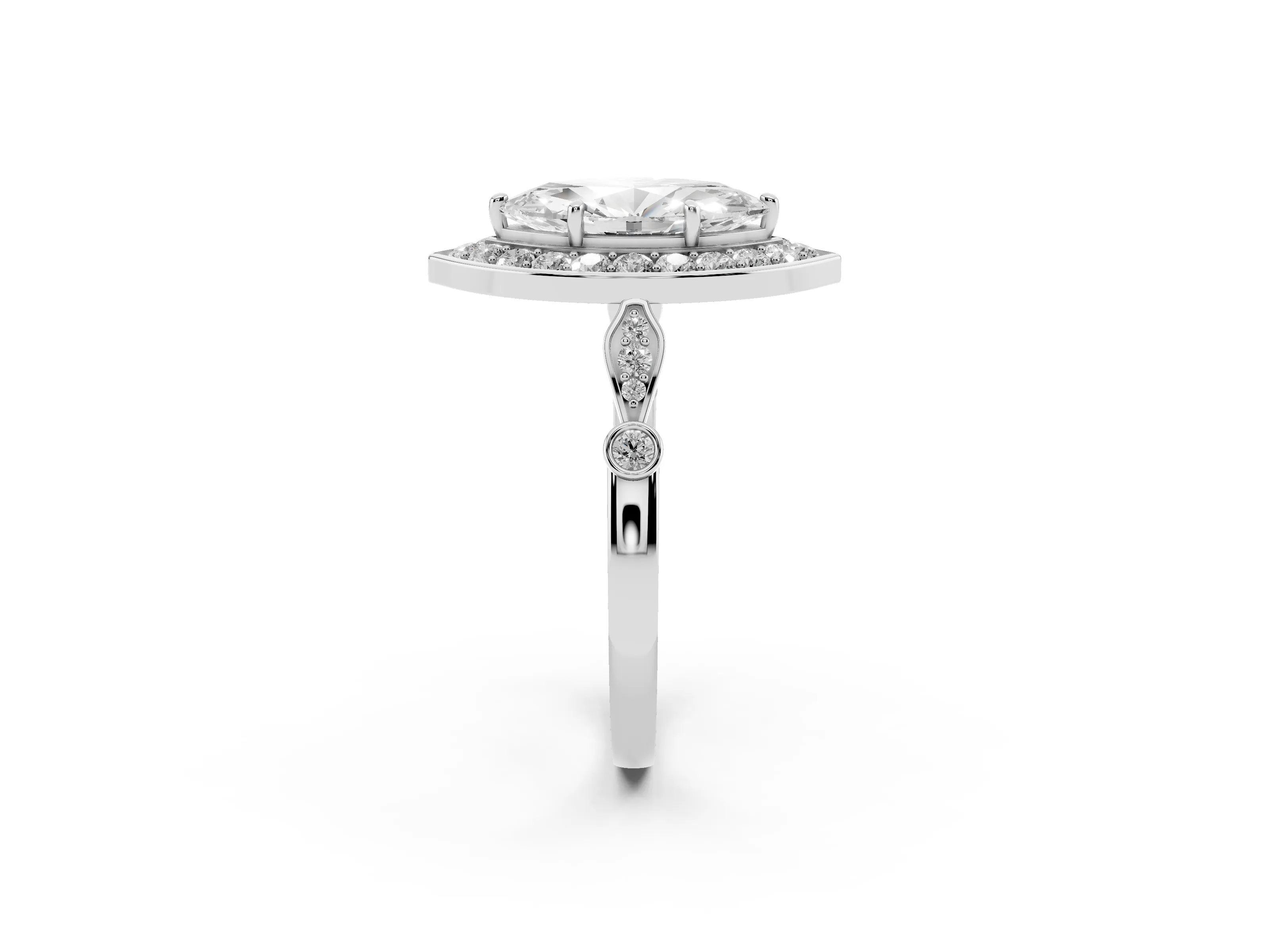 Marquise Cut Diamond Halo Engagement Ring Set in White gold with Twisted Band and Prong Setting