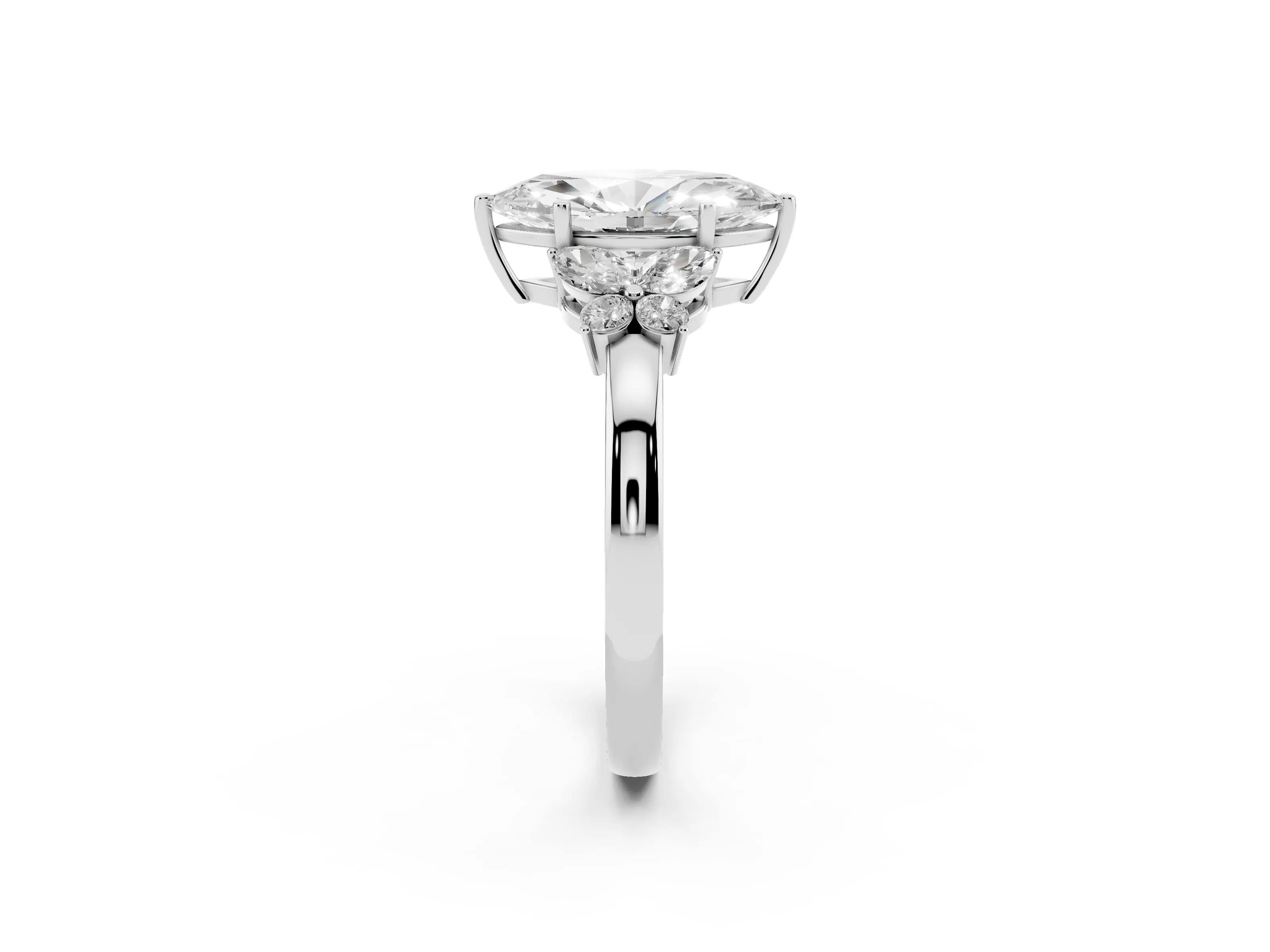 Marquise Cut Diamond Solitaire Floral Ring Set in White gold with Marquise Petals and Prong Setting