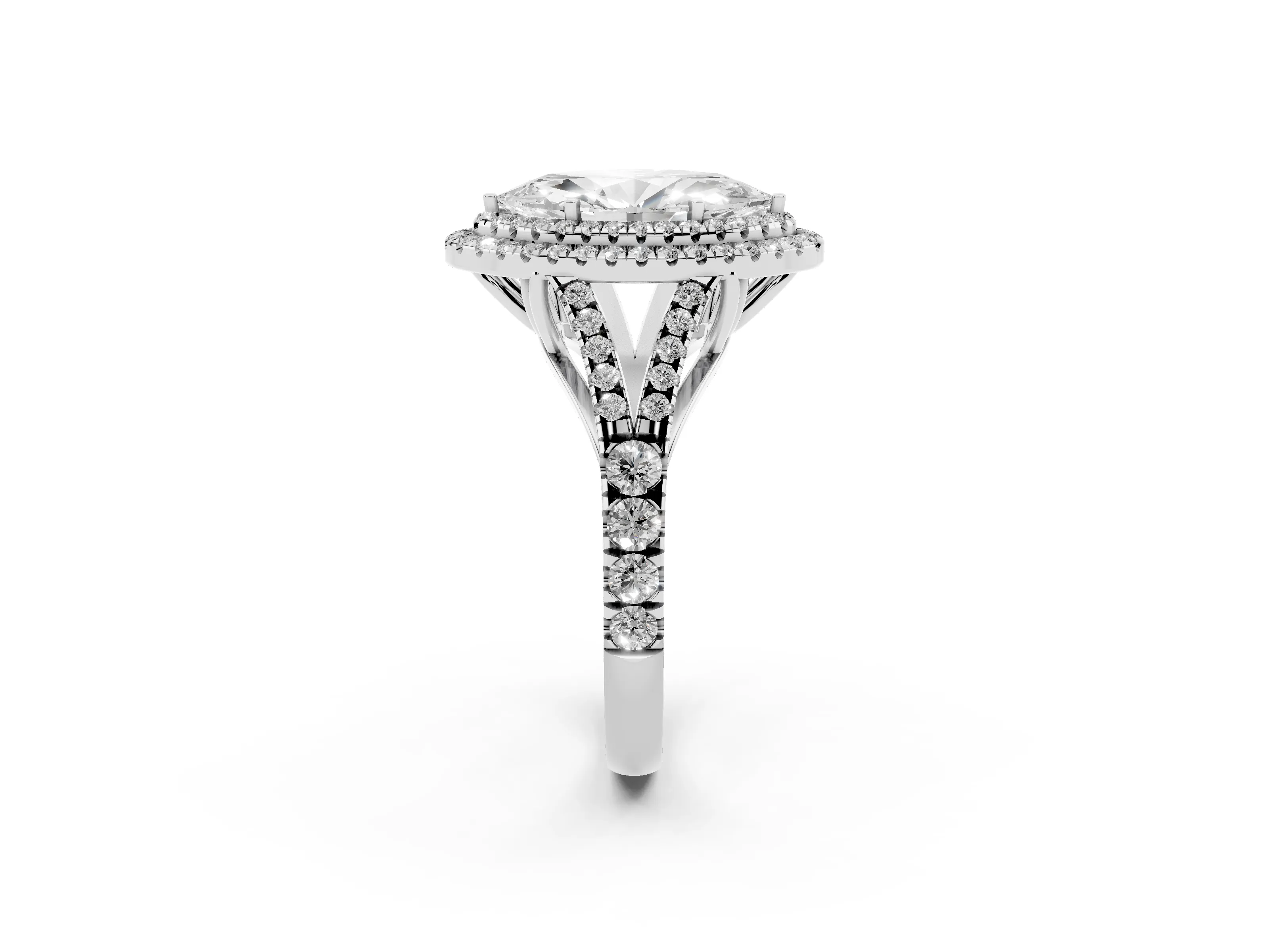 Marquise Cut Diamond Pavé Split Shank Double Halo Engagement Ring Set in Silver
