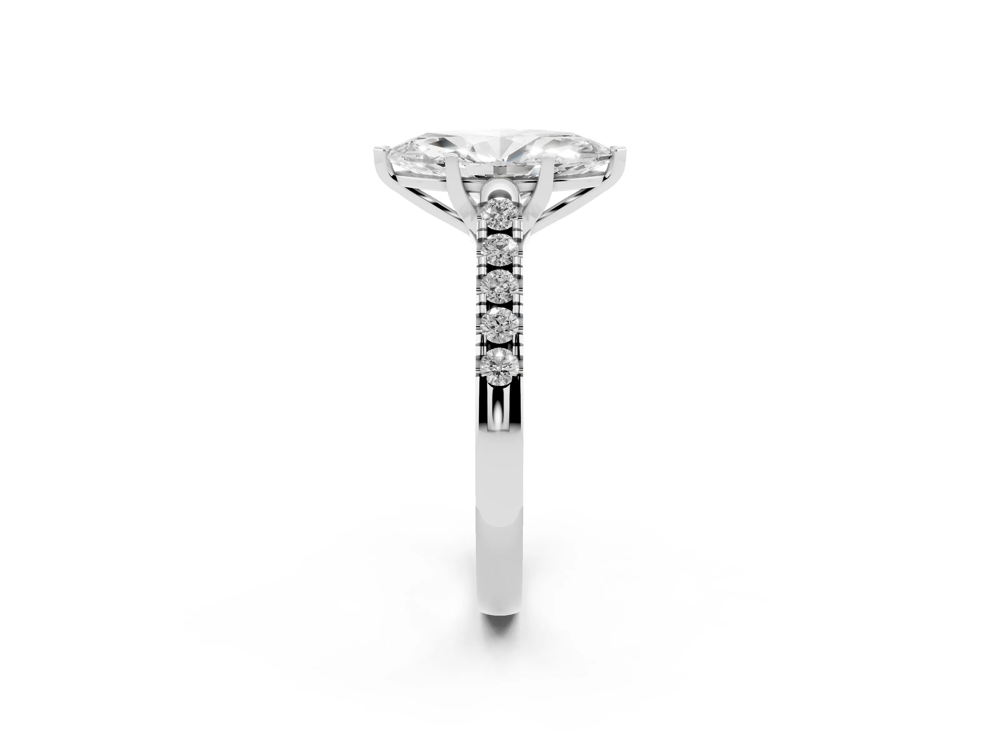 Marquise Cut Diamond Pavé Band Solitaire Ring Set in White gold with Partway Accent Stones and Prong Setting