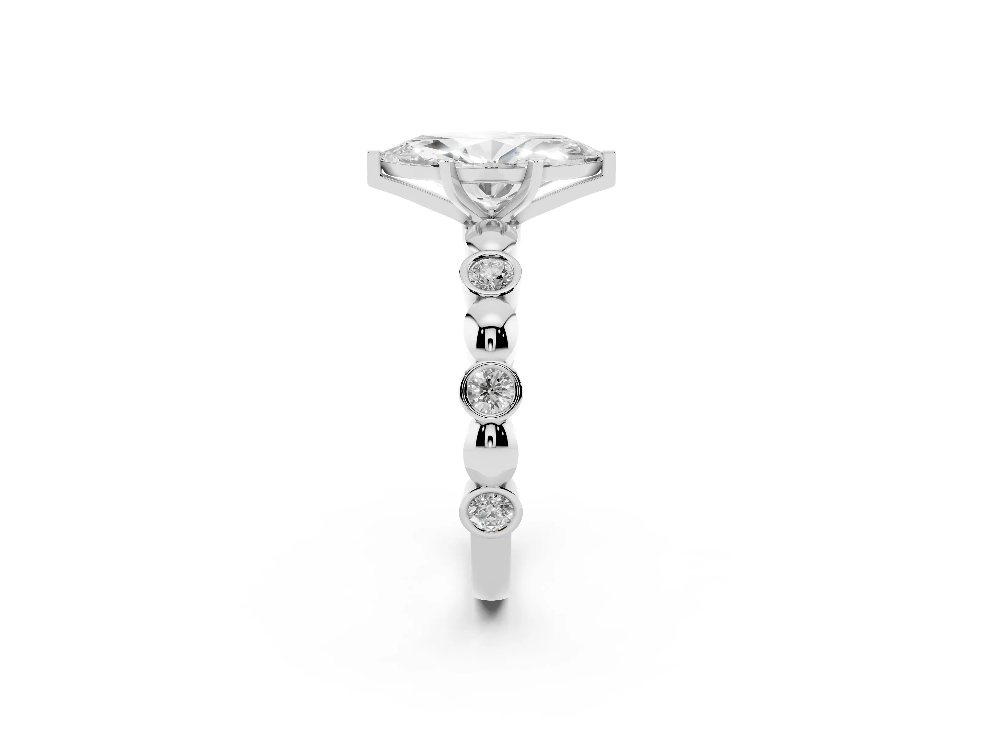 Marquise Cut Diamond Solitaire Ring Set in White gold with Bezel-Set Accents on Beaded Band and Prong Setting