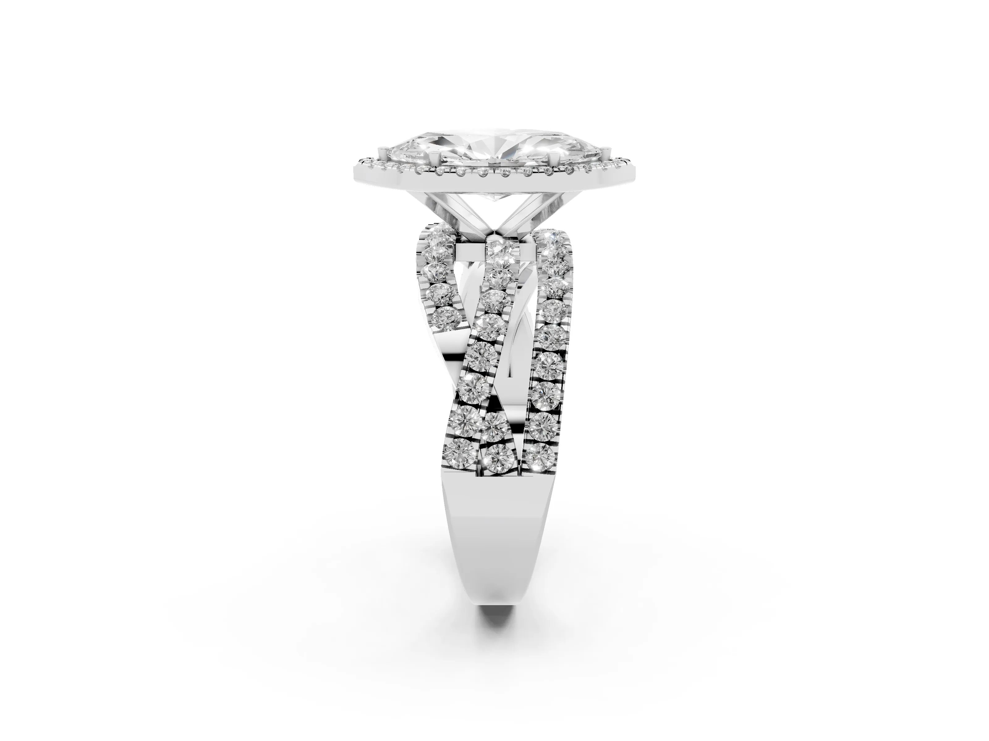 Marquise Cut Diamond Halo Ring Set in Platinum with Round Crossover Split Shank and Prong Setting