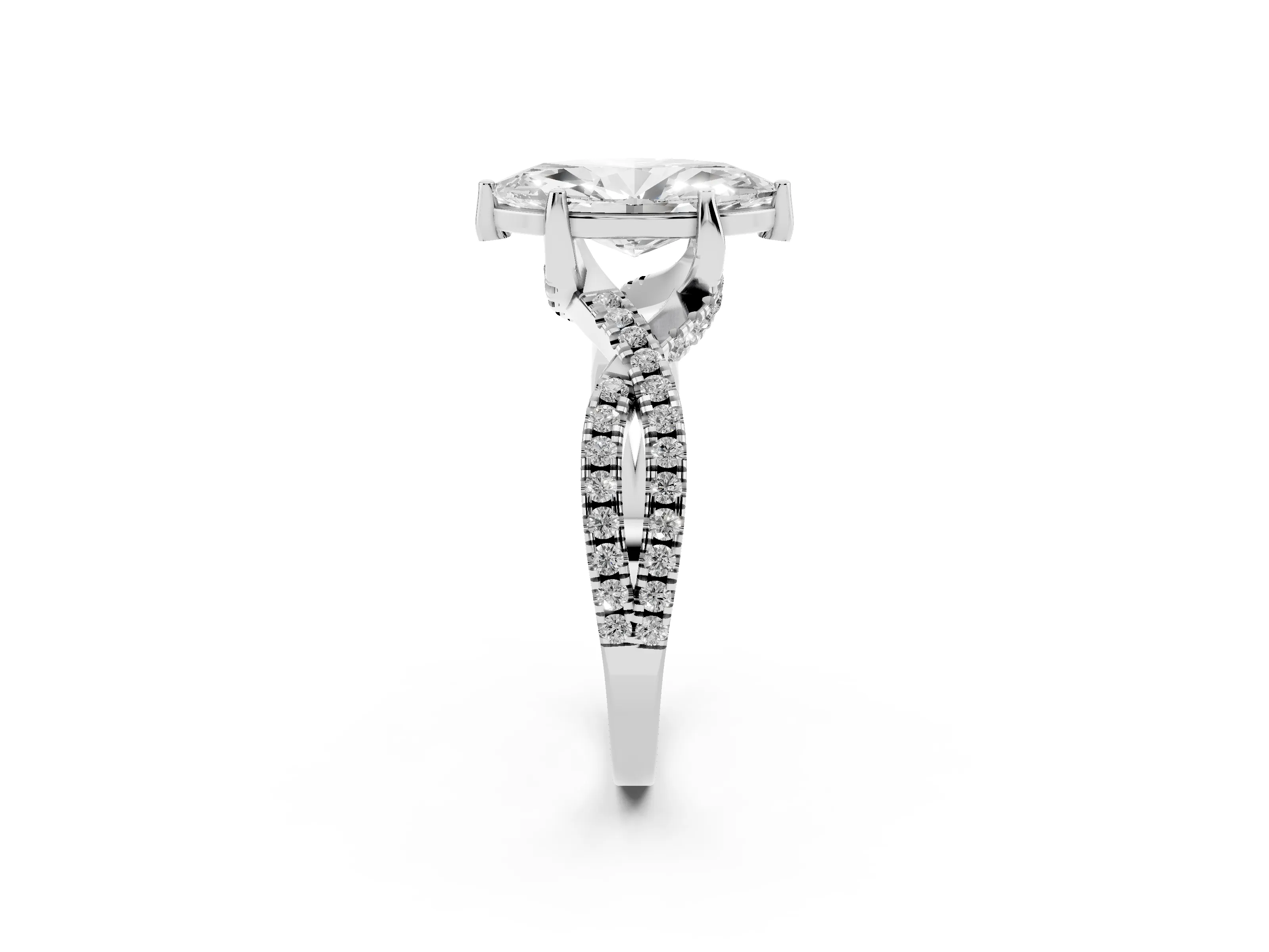 Marquise Cut Diamond Twist Pavé Solitaire Engagement Ring Set in White gold with Prong Setting