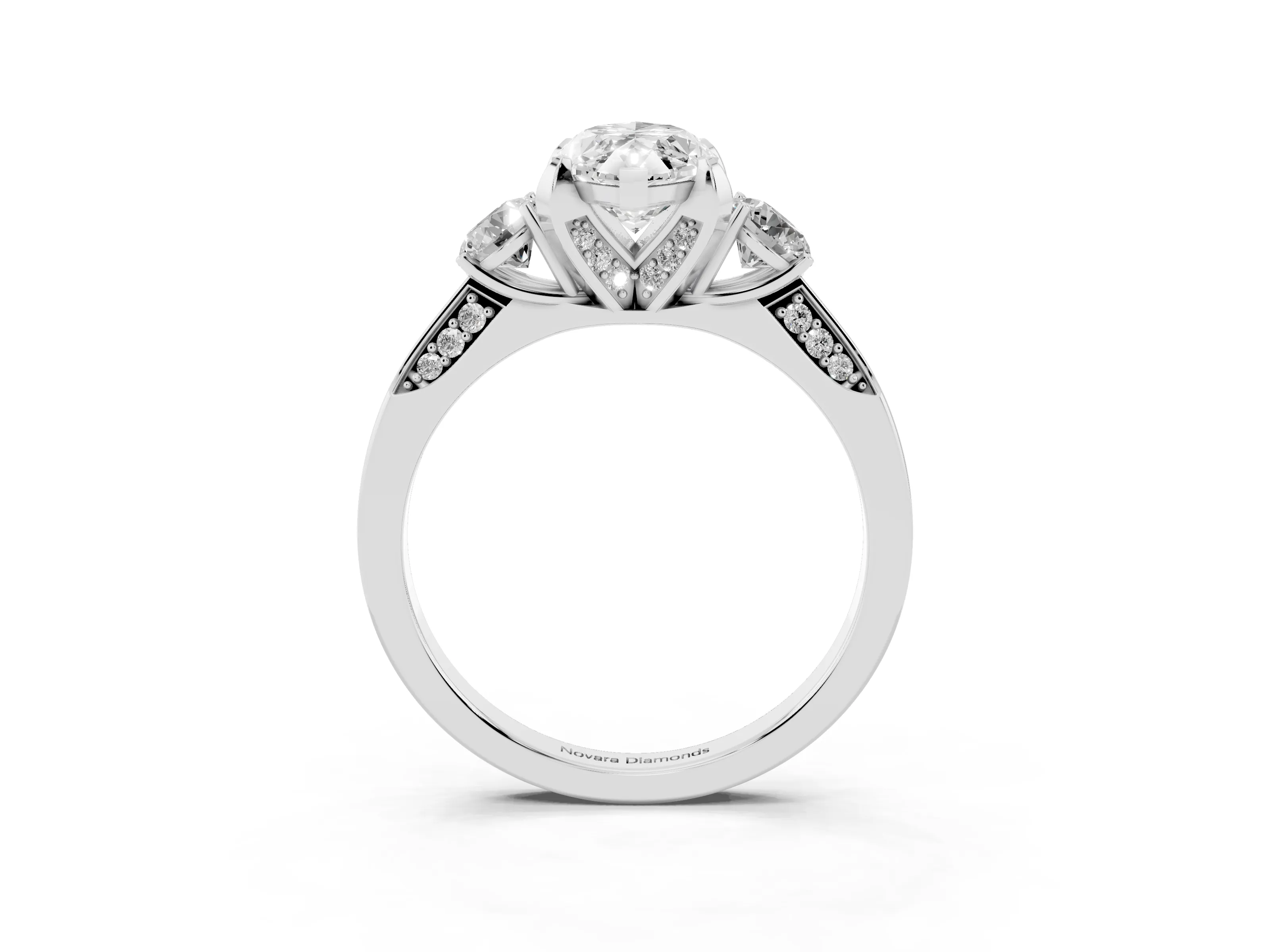 Marquise Cut Diamond Three-Stone Ring Set in Silver with Pavé Band and Smaller Side Stones