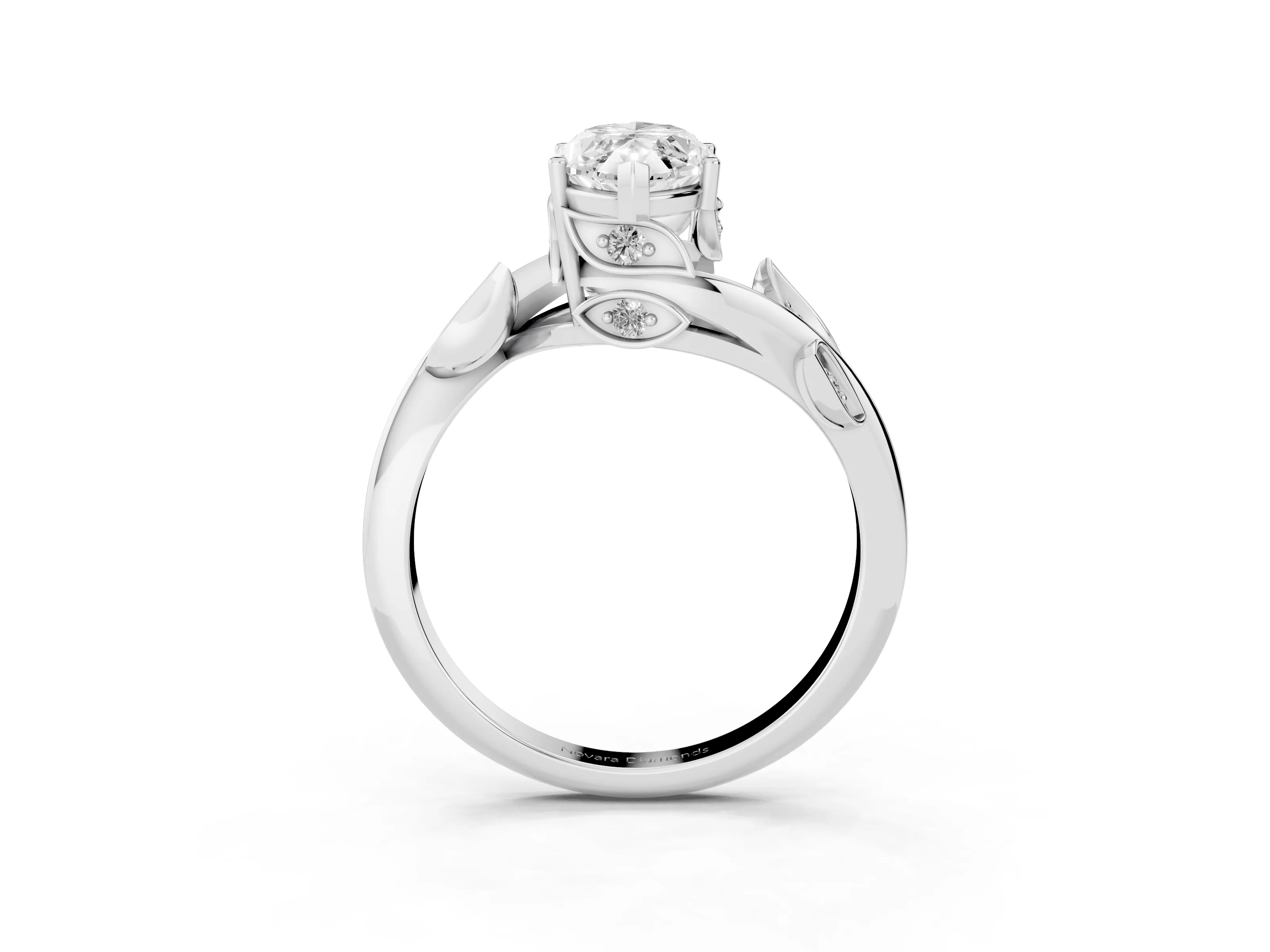 Marquise Cut Diamond Solitaire Twist Engagement Ring Set in Silver with Pavé Leaf Accents