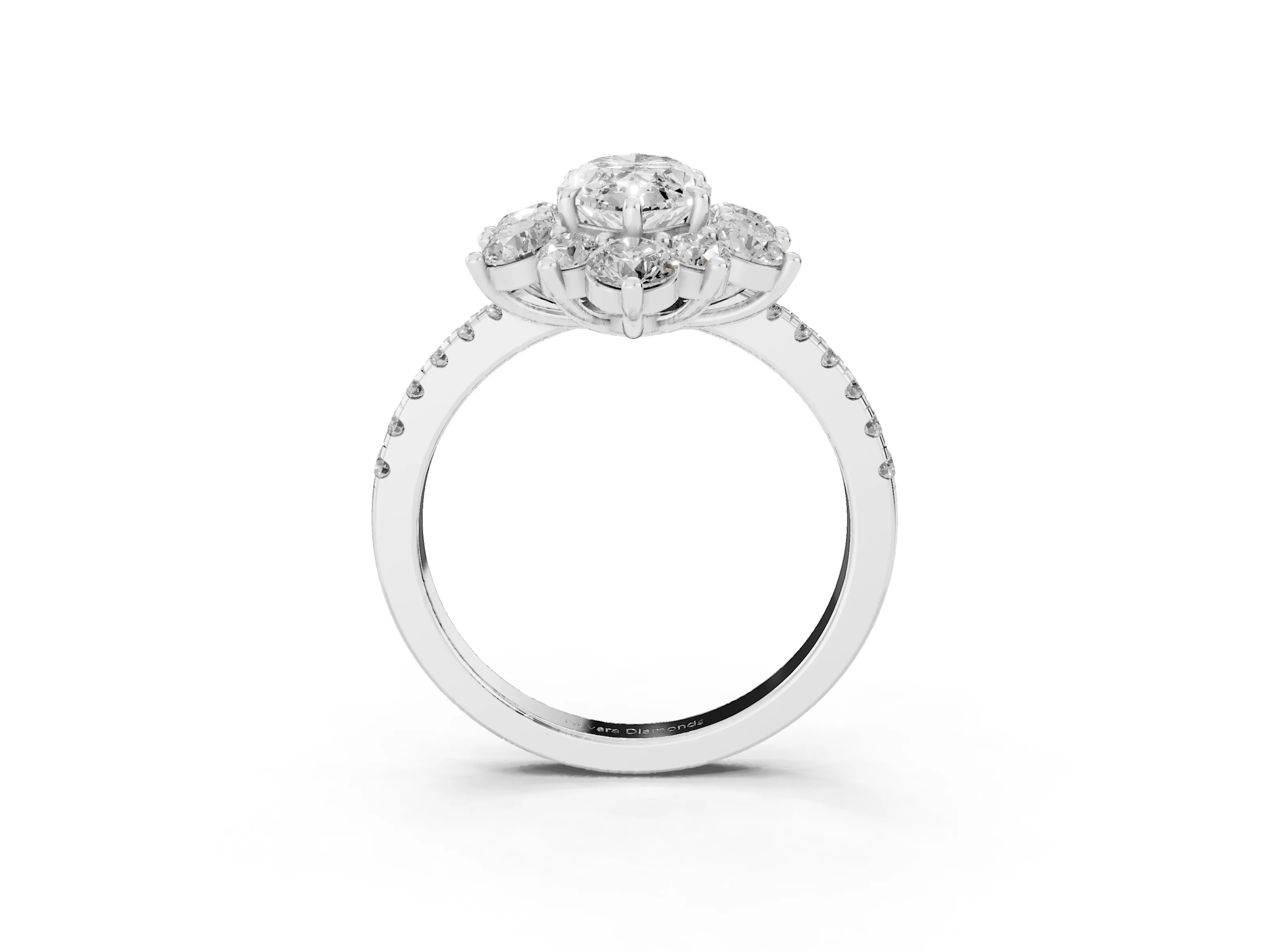 Marquise Cut Diamond Floral Halo Ring Set in Platinum with Round Pavé Band and Prong Setting