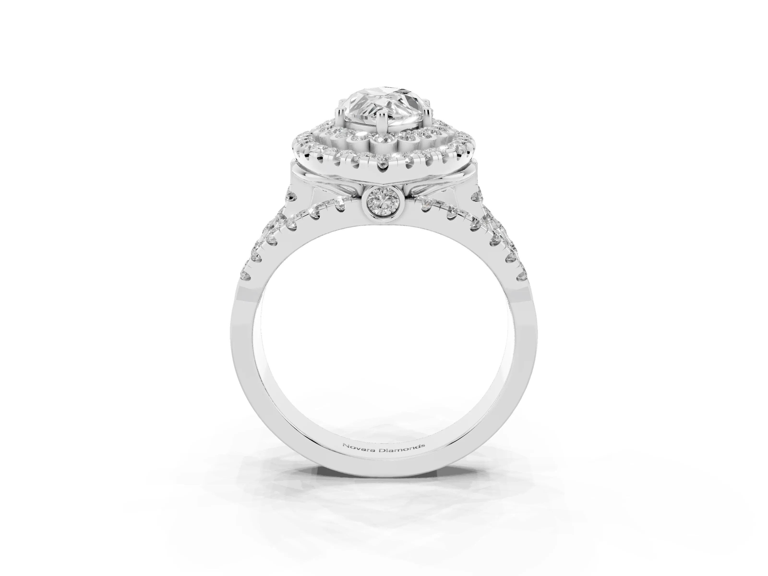 Marquise Cut Diamond Double Halo Ring Set in White gold with Round Pavé Split Shank