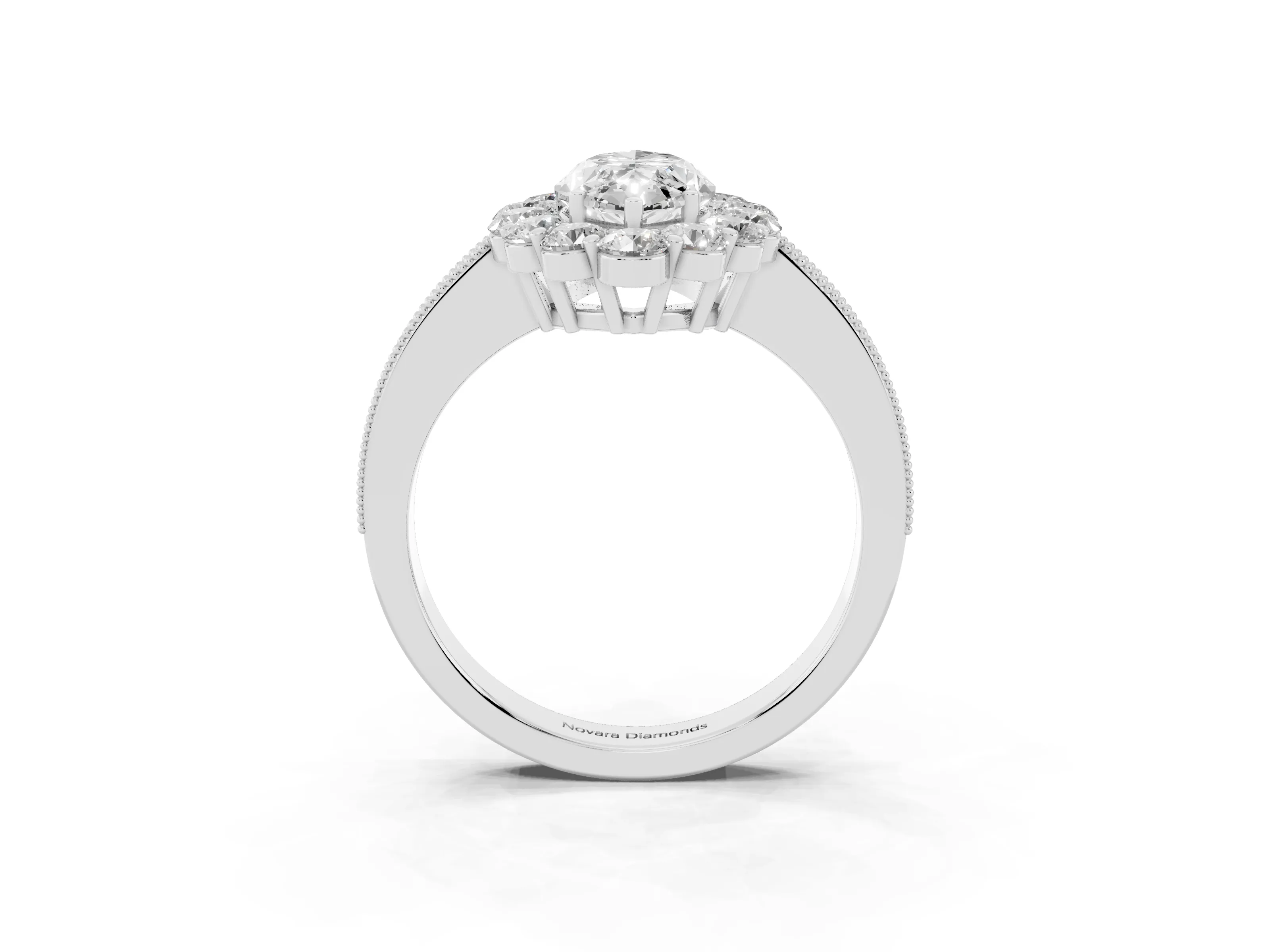 Marquise Cut Diamond Halo Pavé Engagement Ring Set in White gold with Milgrain Detailing