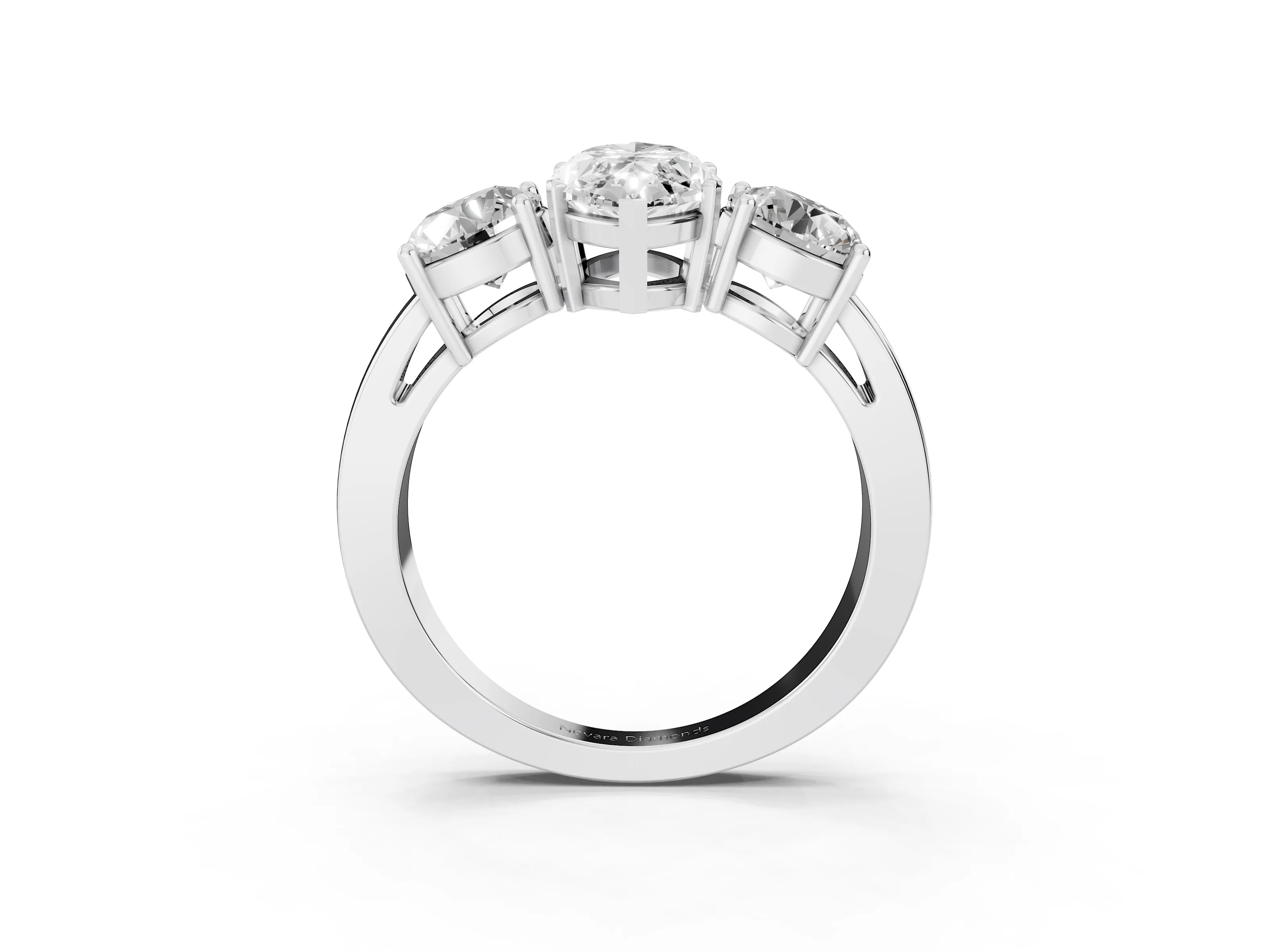 Marquise Cut Diamond Three-Stone Ring Set in Platinum with Round Side Stones and Classic Band
