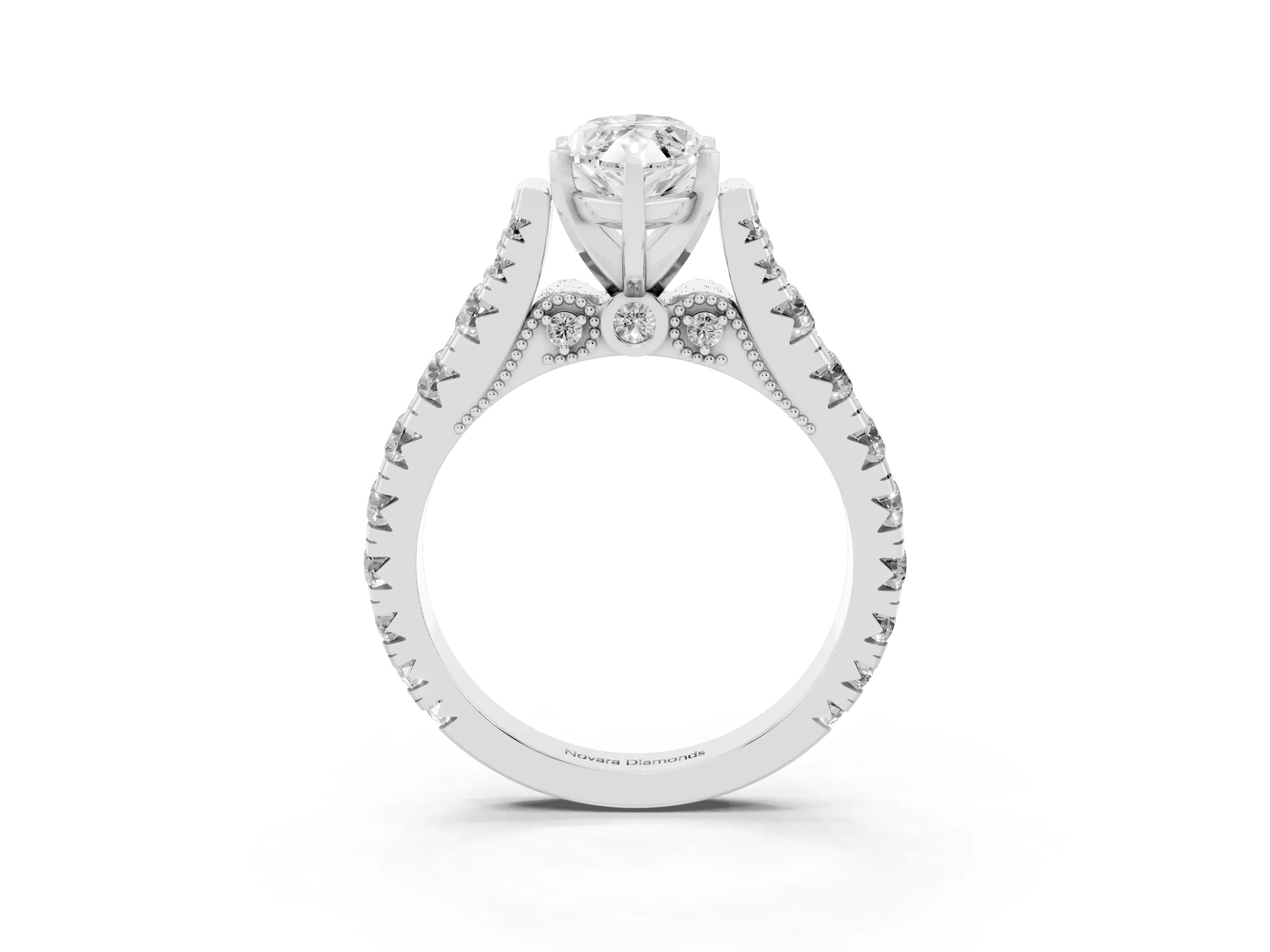 Marquise Cut Diamond Classic Solitaire Ring Set in White gold with Pavé Band and Prong Setting