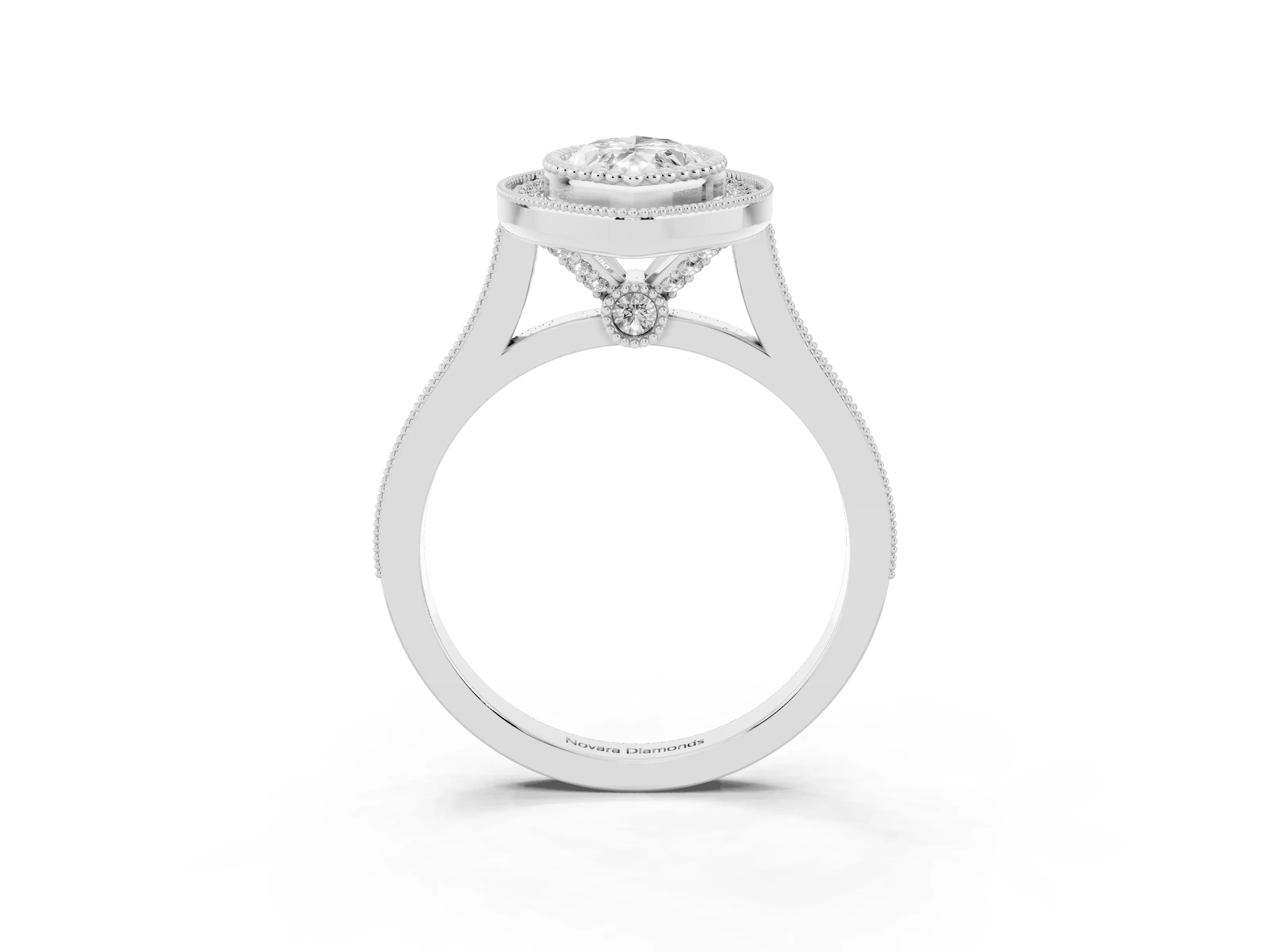 Marquise Cut Diamond Halo Ring Set in Silver with Milgrain Frame and Pavé Band