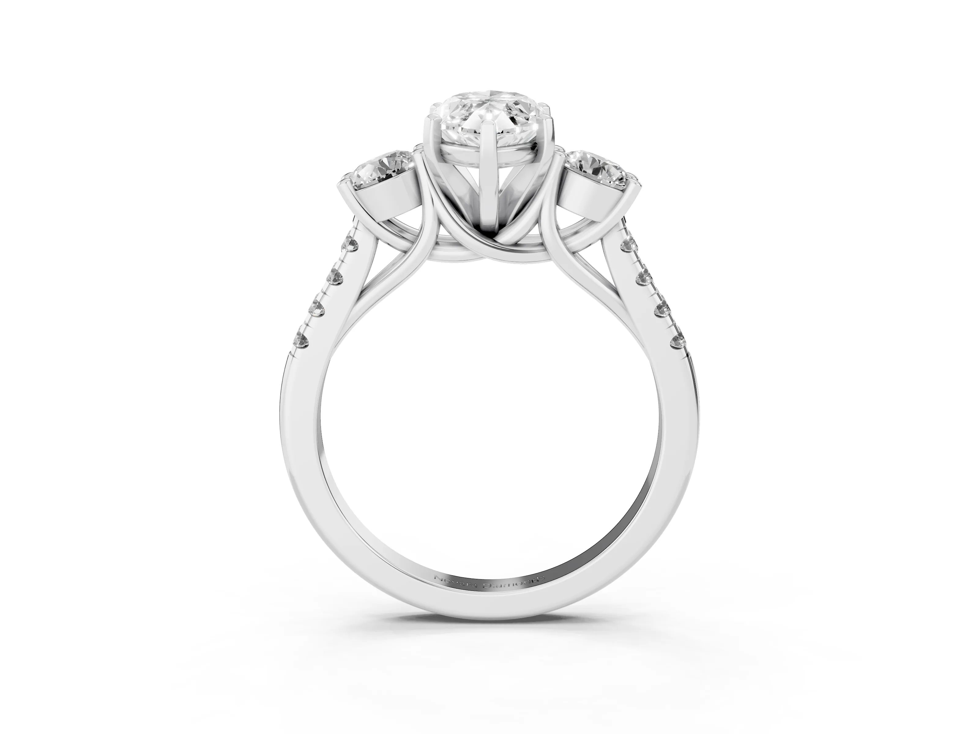 Three-Stone Marquise Cut Diamond Pavé Band Ring Set in White gold with Prong-Set Trio