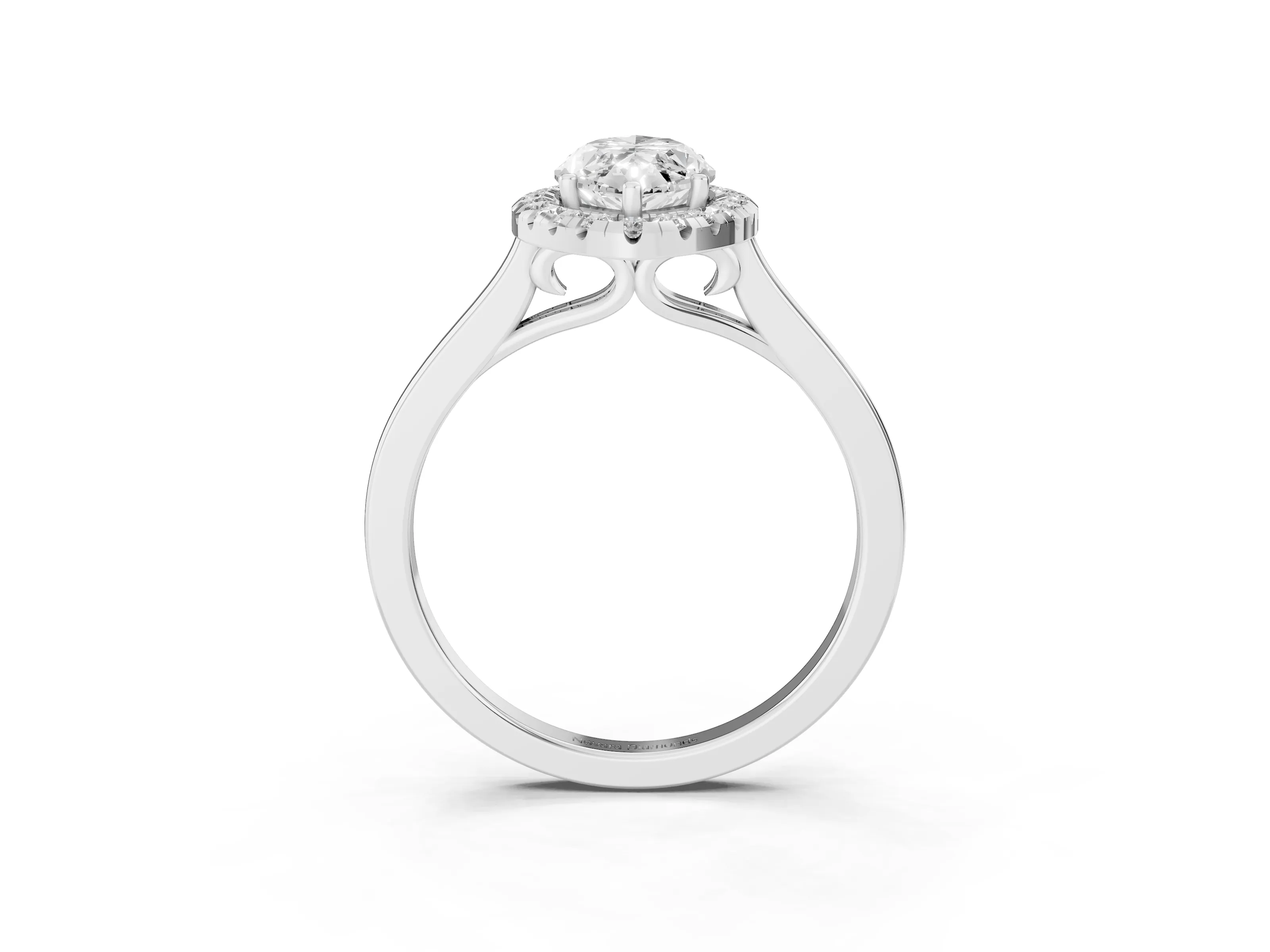 Marquise Cut Halo Round Diamond Solitaire Ring Set in White gold with Pavé Band and Prong Setting