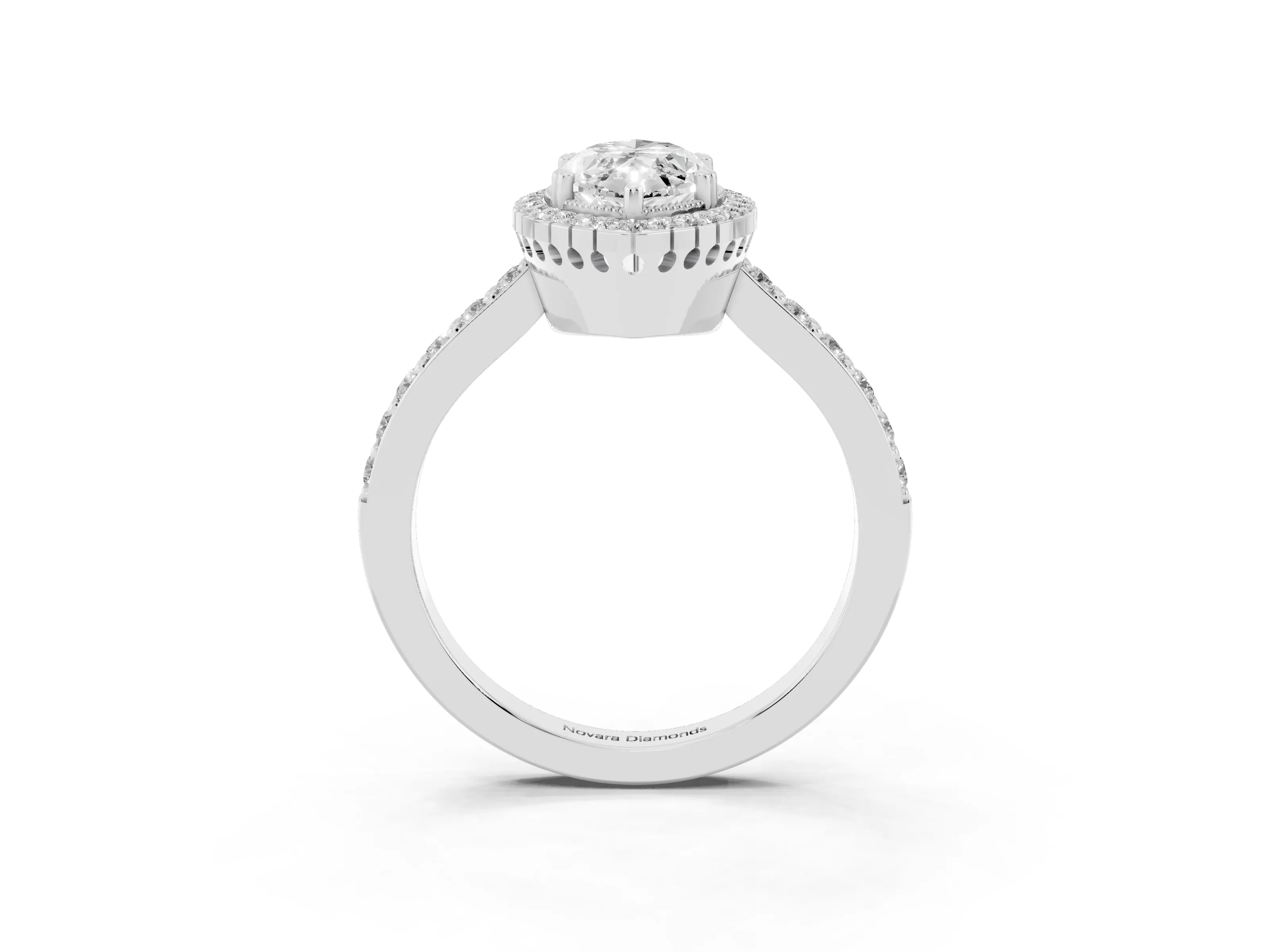 Marquise Cut Diamond Halo Engagement Ring Set in Platinum with Milgrain Detail and Pavé Band