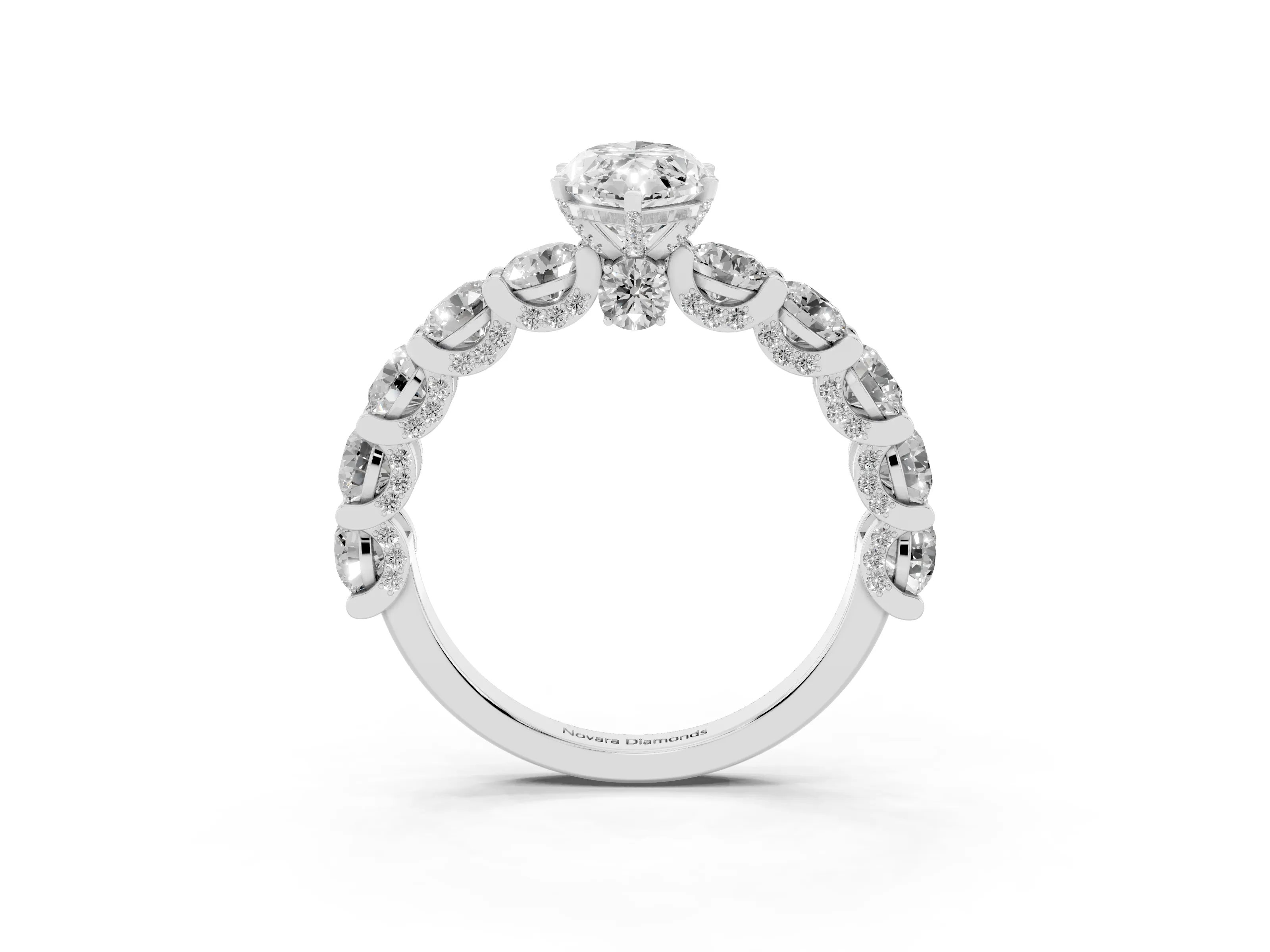 Marquise Cut Diamond Side Stone Ring Set in Silver with Alternating Round and Oval Side Stones