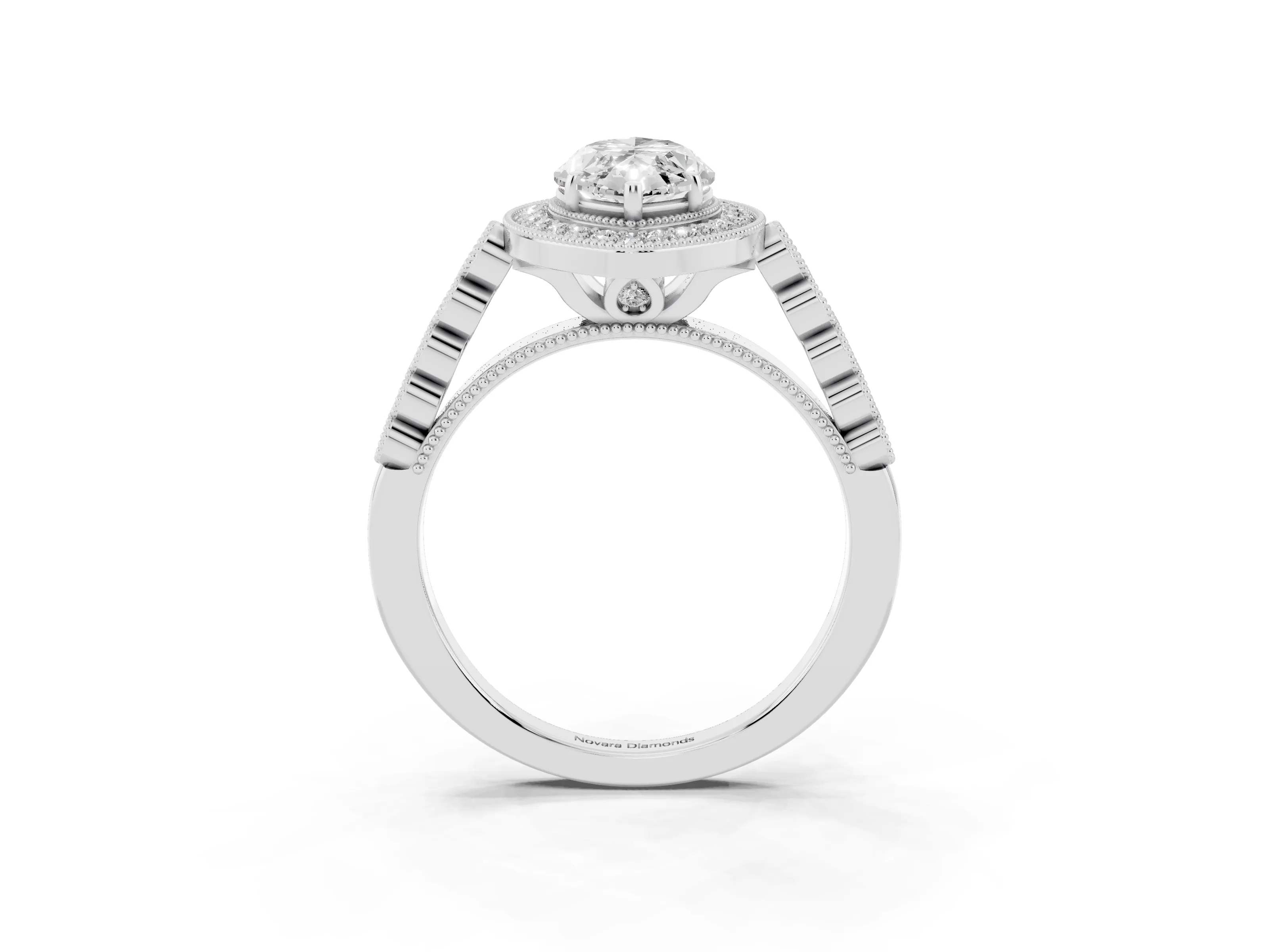 Marquise Cut Diamond Milgrain Halo Solitaire Ring Set in Silver with Bezel Set Side Stones and Pavé Band