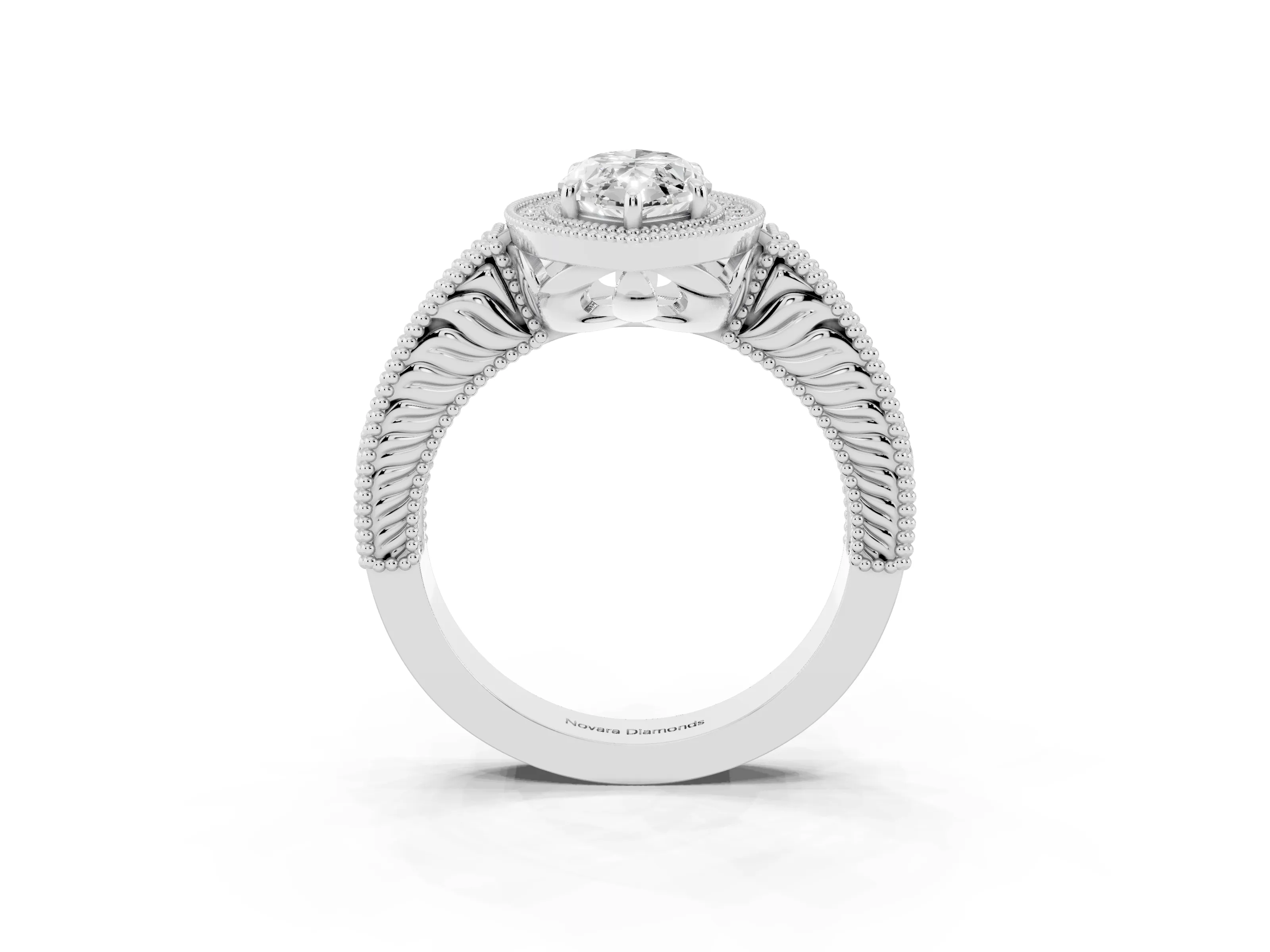 Marquise Cut Diamond Halo Ring Set in White gold with Round Accent Halo, Pavé Band and Prong Setting