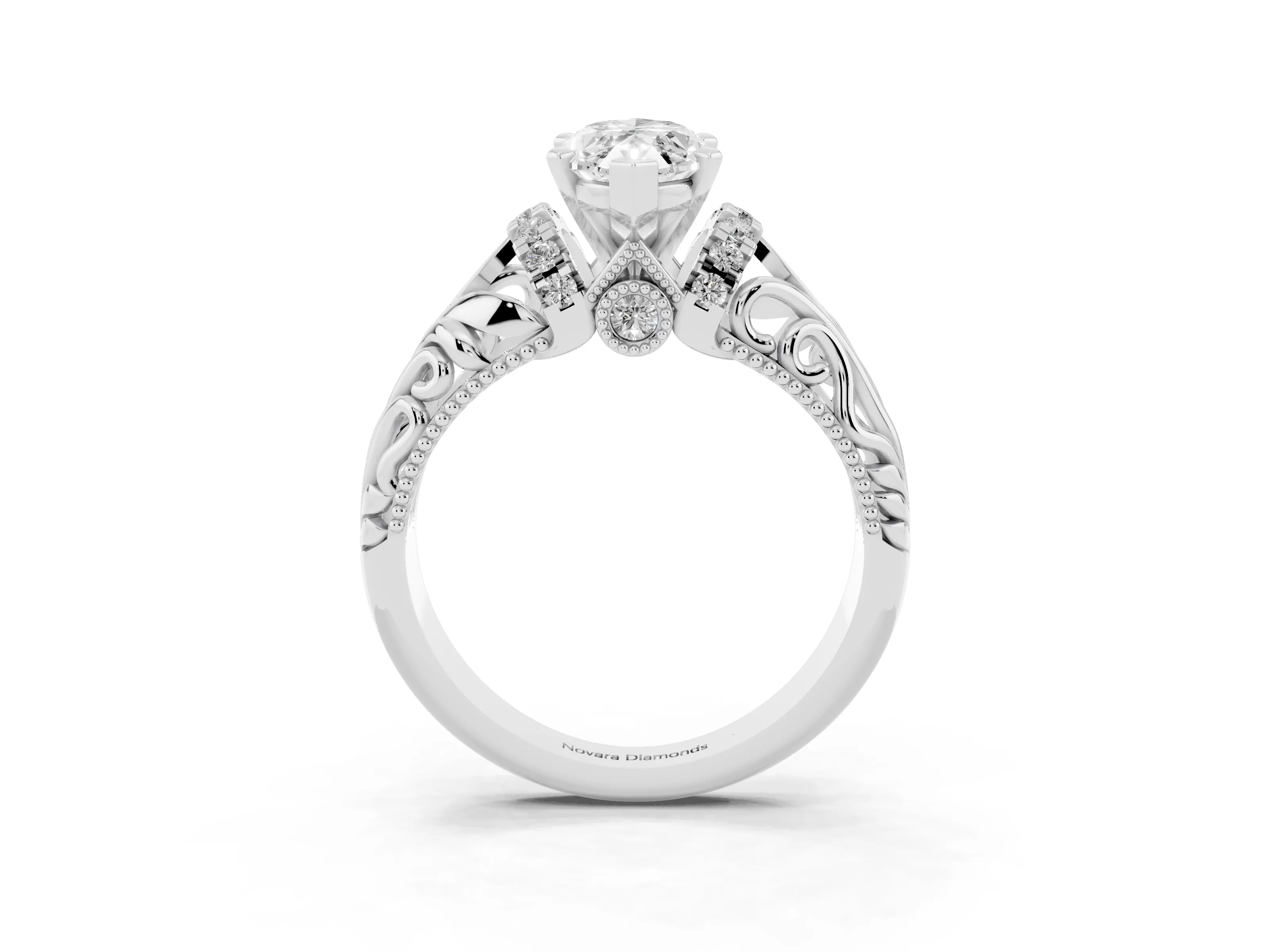 Marquise Cut Diamond Filigree Halo Engagement Ring Set in White gold with Prong Setting