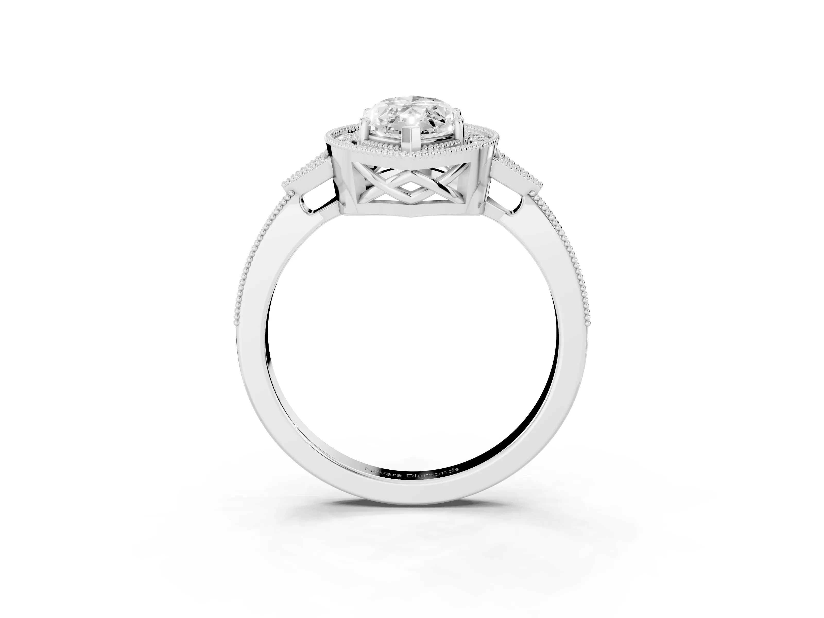 Marquise Cut Diamond Halo Engagement Ring Set in Silver with Milgrain Pavé Band