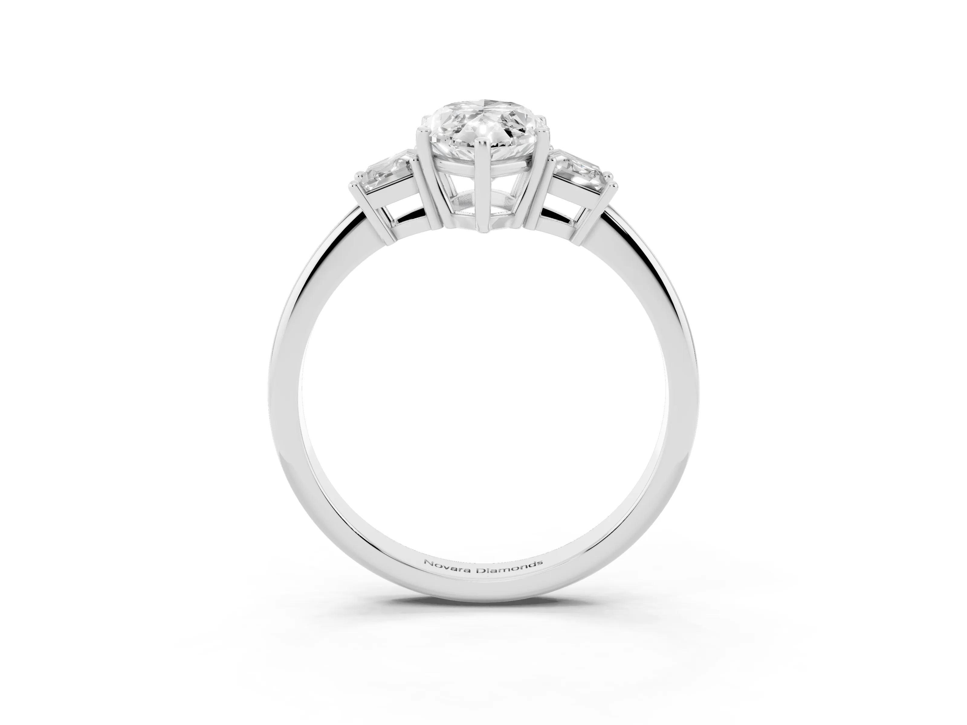 Marquise Cut Diamond Three-Stone Ring Set in White gold with Trapezoid Side Stones and Prong Setting