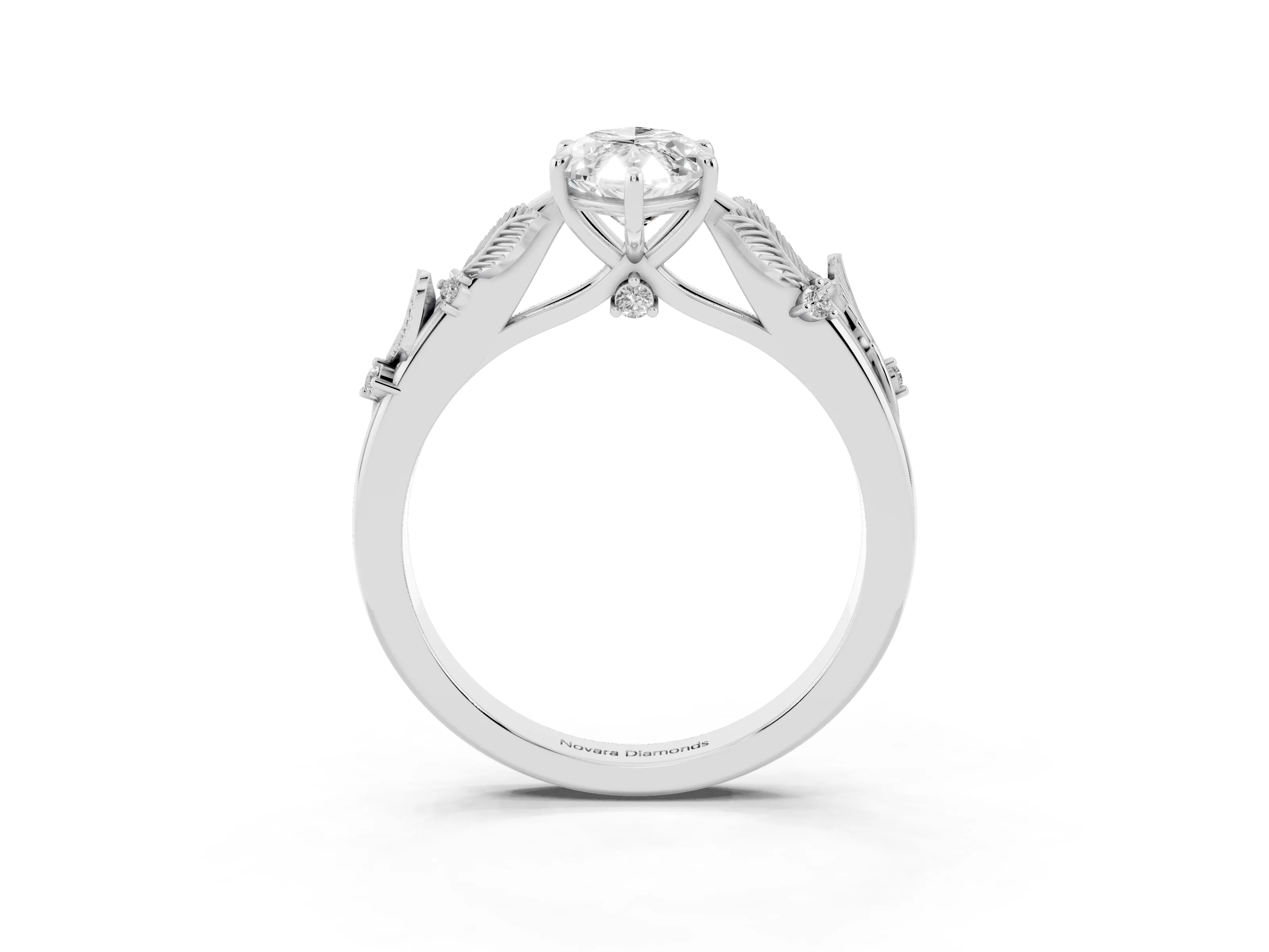 Marquise Cut Diamond Solitaire Ring Set in Silver with Leaf Motif Band