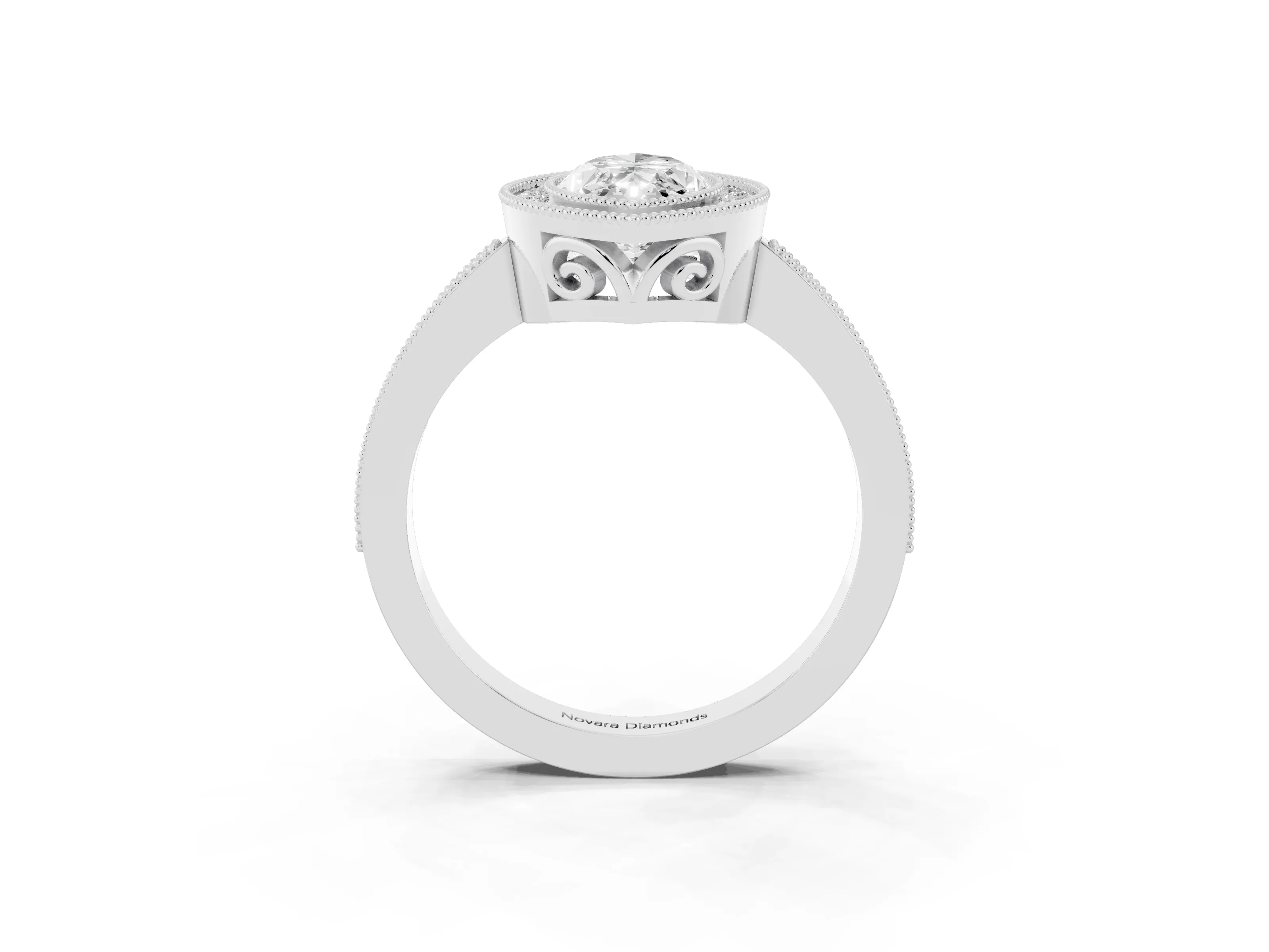 Marquise Cut Diamond Halo Ring Set in White gold with Pavé Band and Milgrain-Edged Prongs