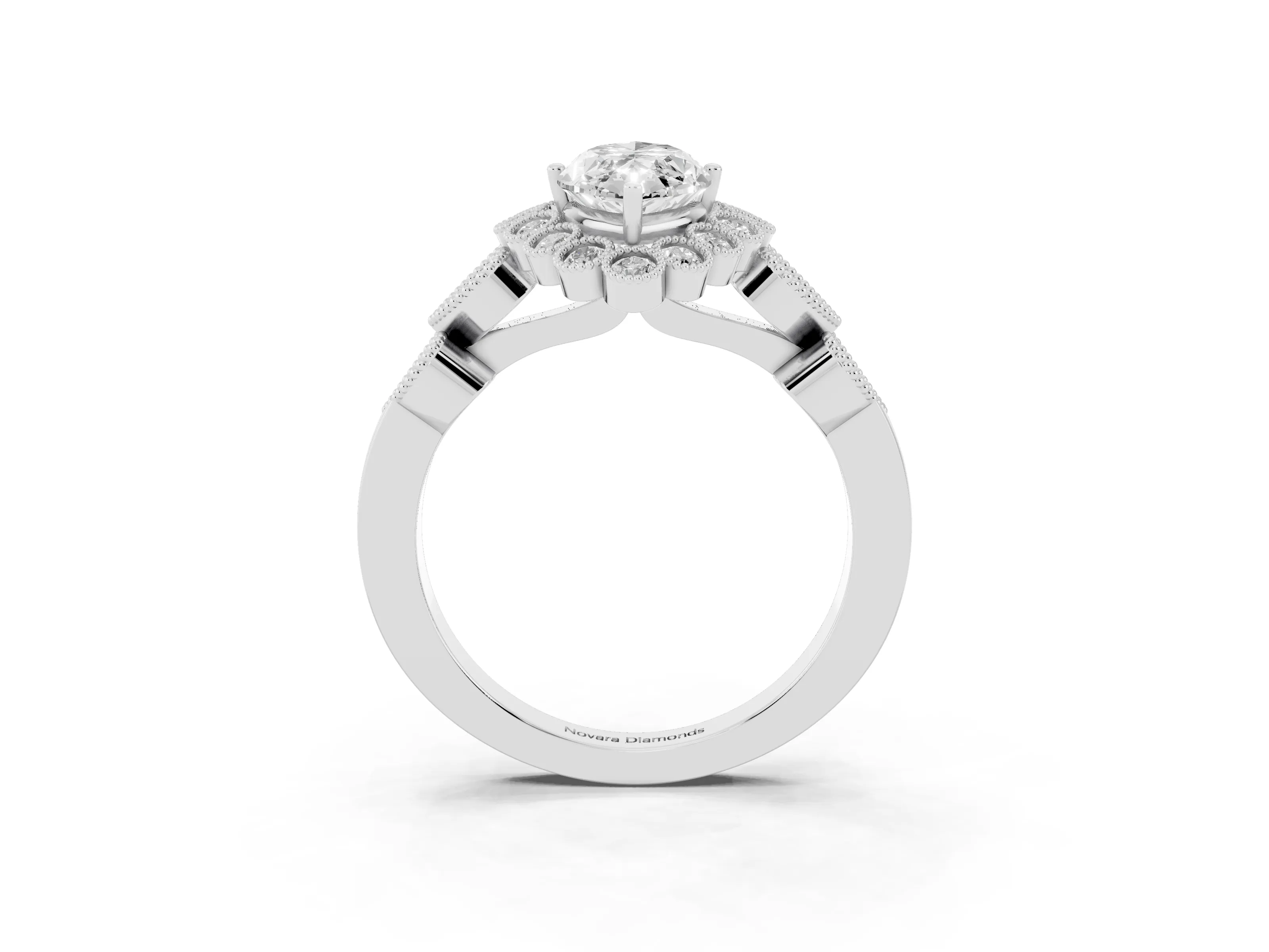 Marquise Cut Diamond Solitaire Ring Set in Platinum with Milgrain Pavé Heart Band