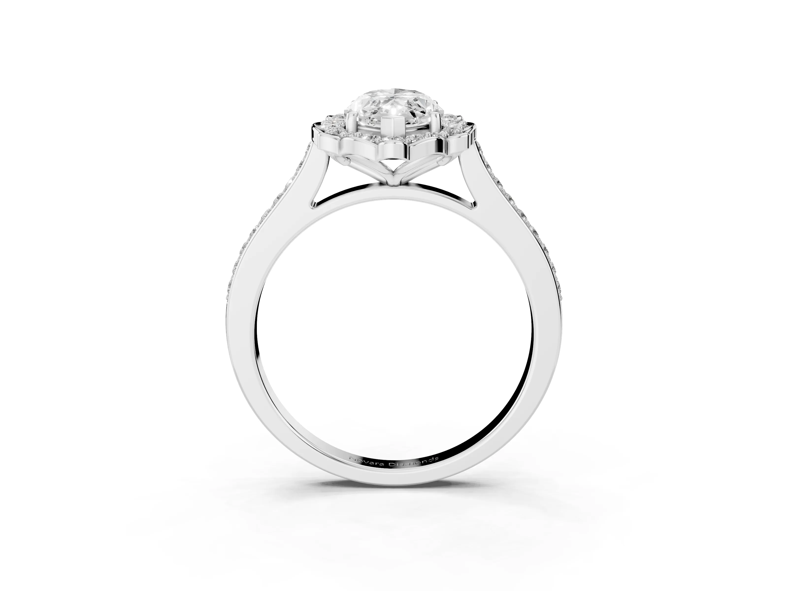 Marquise Cut Diamond Halo Ring Set in White gold with Pavé-Lined Shoulders and Prong Setting