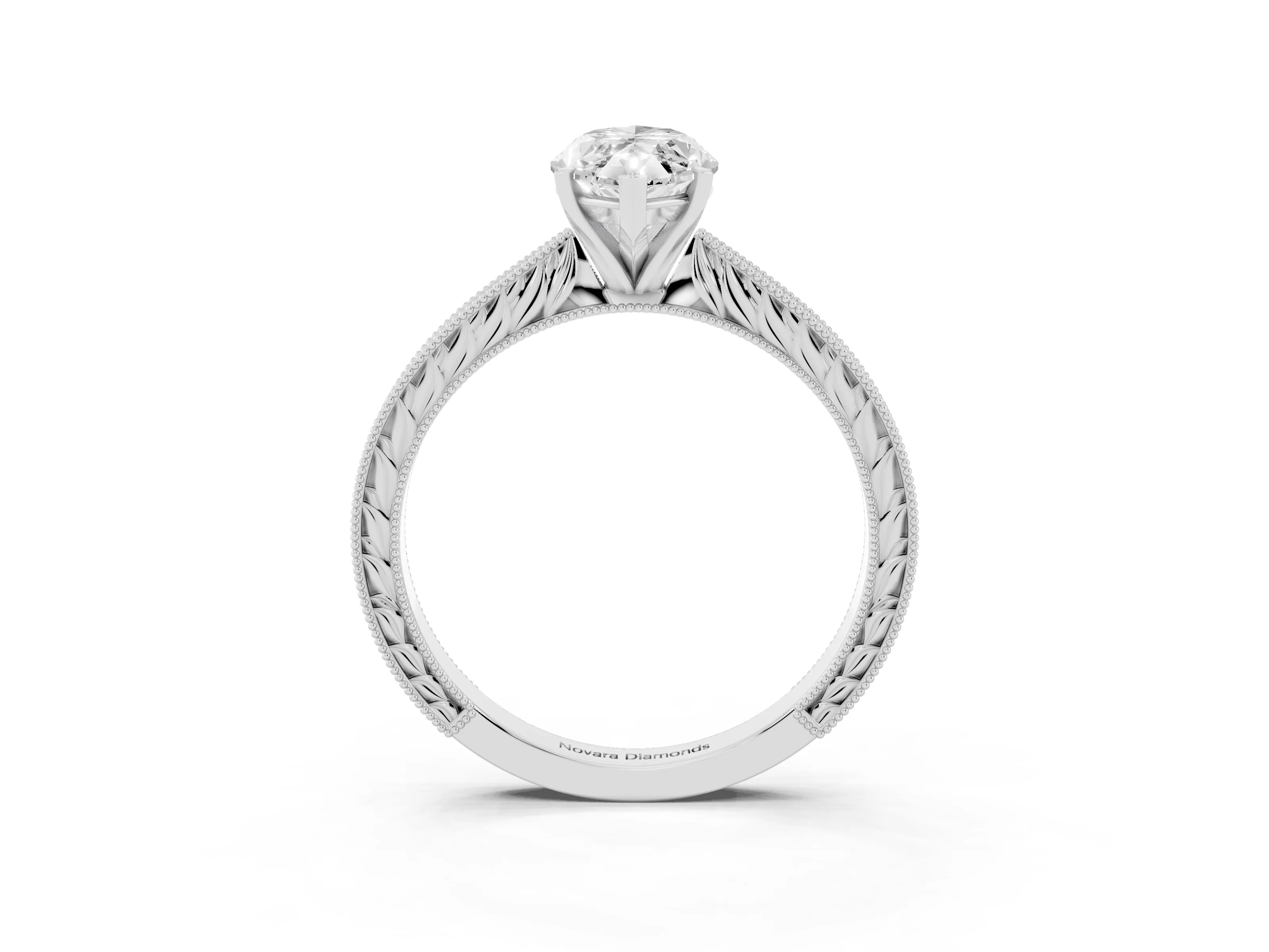 Marquise Cut Diamond Solitaire Milgrain Engraved Band Set in White gold with Prong Setting
