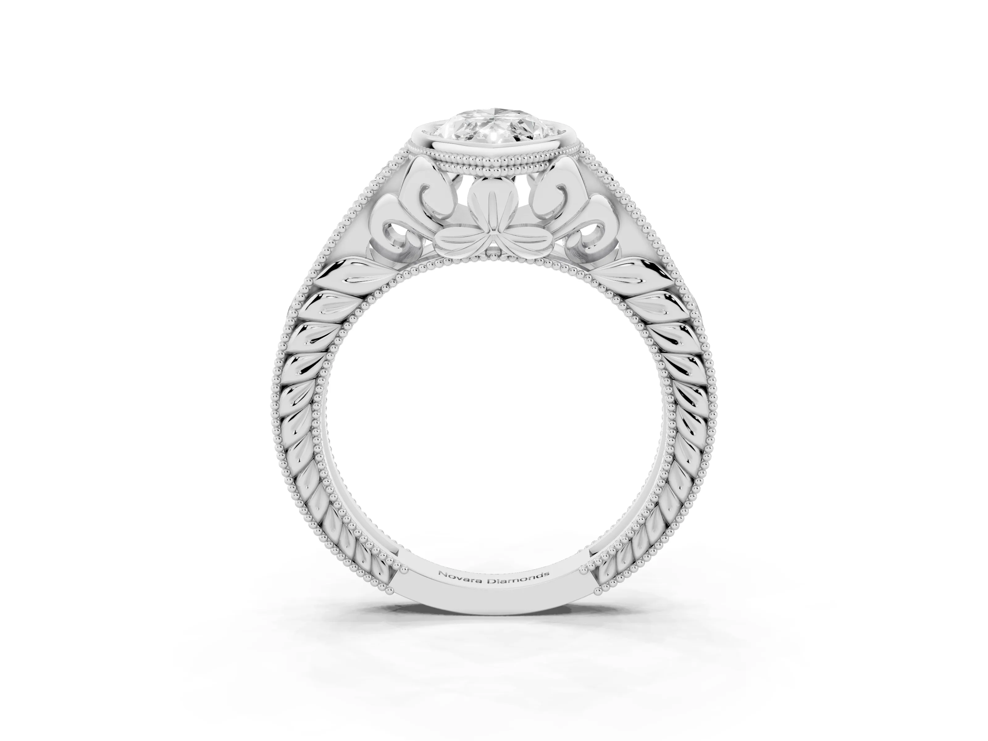 Bezel Set Marquise Cut Diamond Milgrain Pavé Engagement Ring Set in White gold
