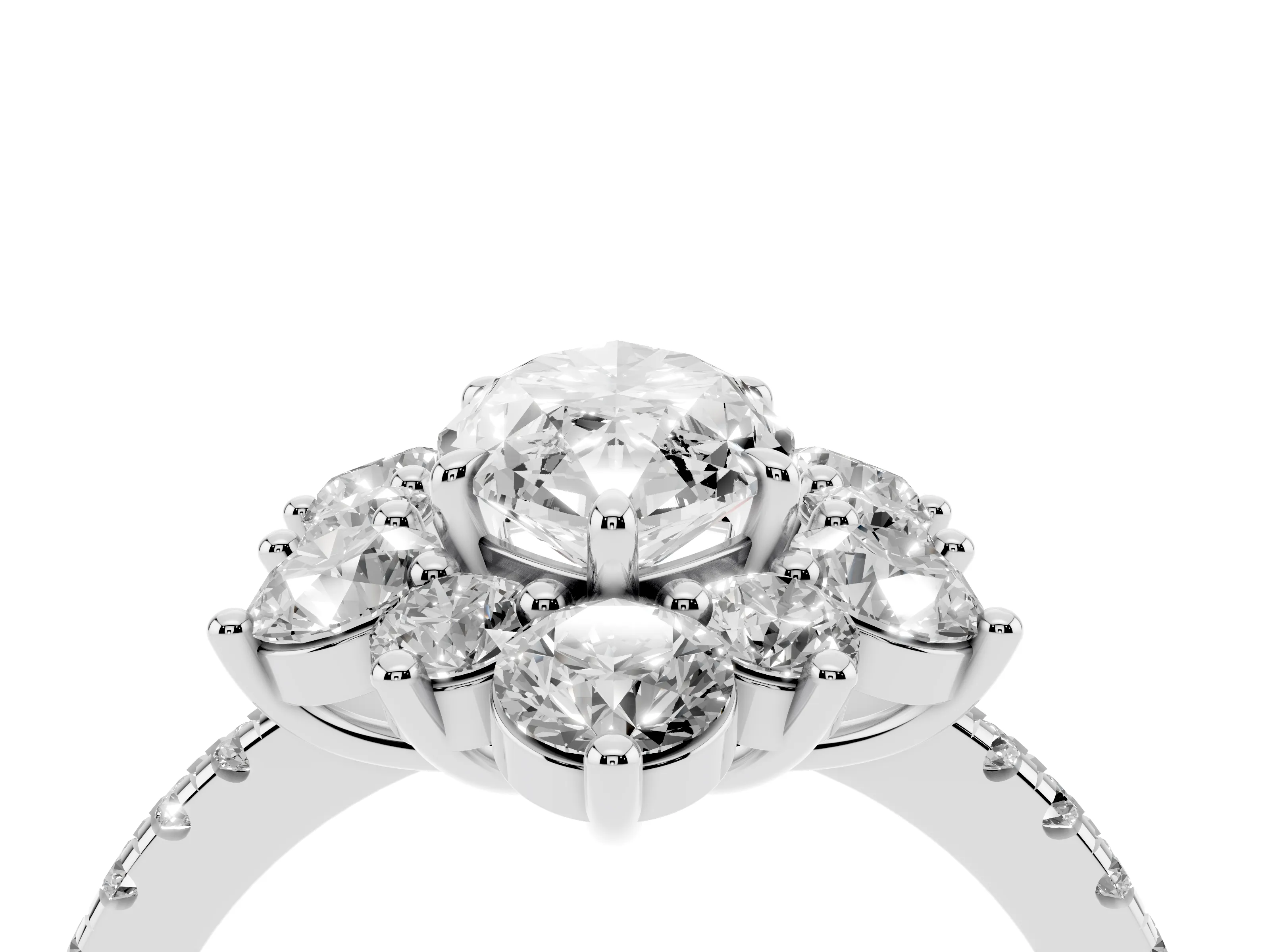 Marquise Cut Diamond Floral Halo Ring Set in Platinum with Round Pavé Band and Prong Setting