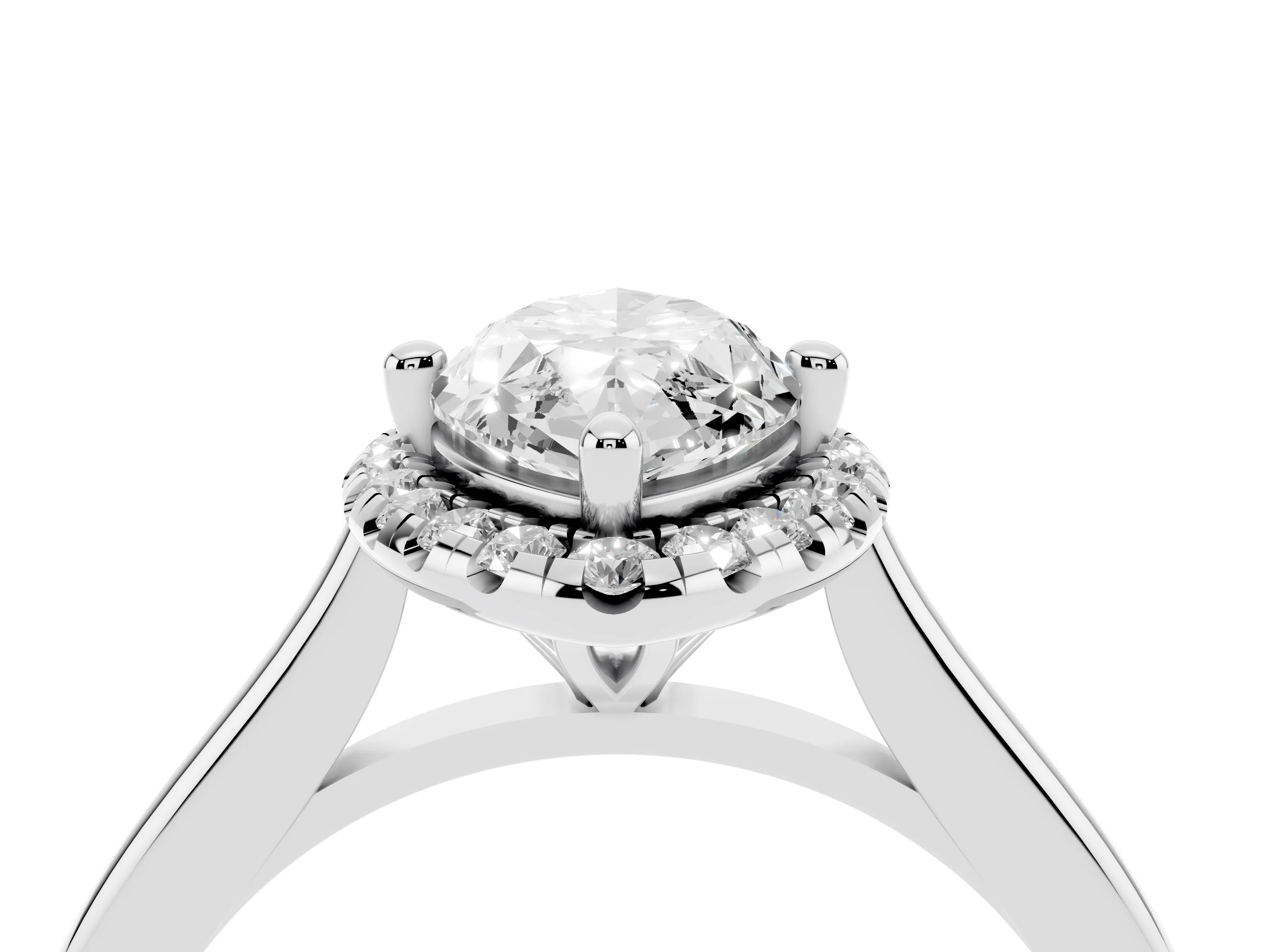 Marquise Cut Diamond Halo Engagement Ring Set in White gold with Pavé Band and Rising Shoulders