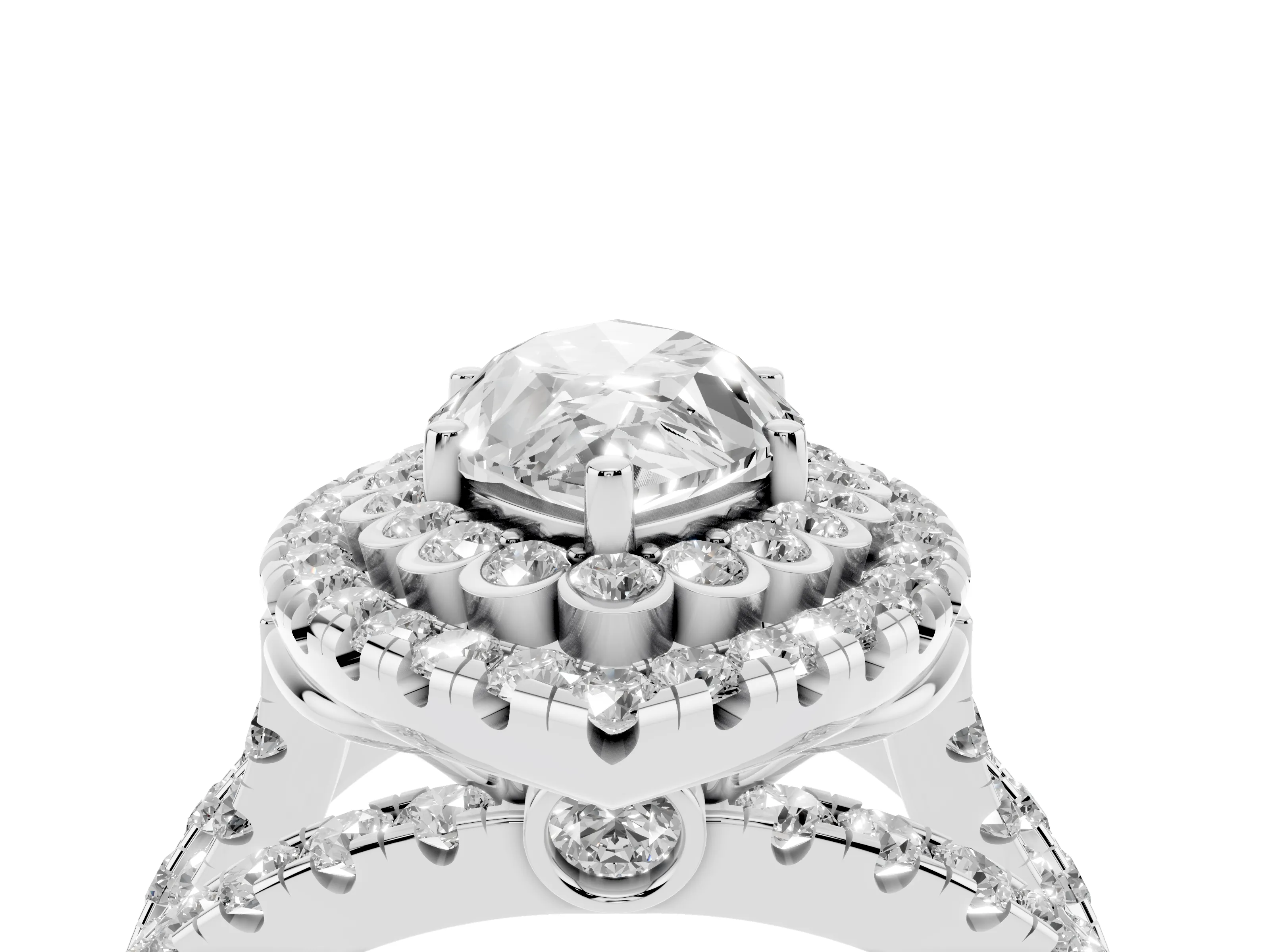 Marquise Cut Diamond Double Halo Ring Set in White gold with Round Pavé Split Shank
