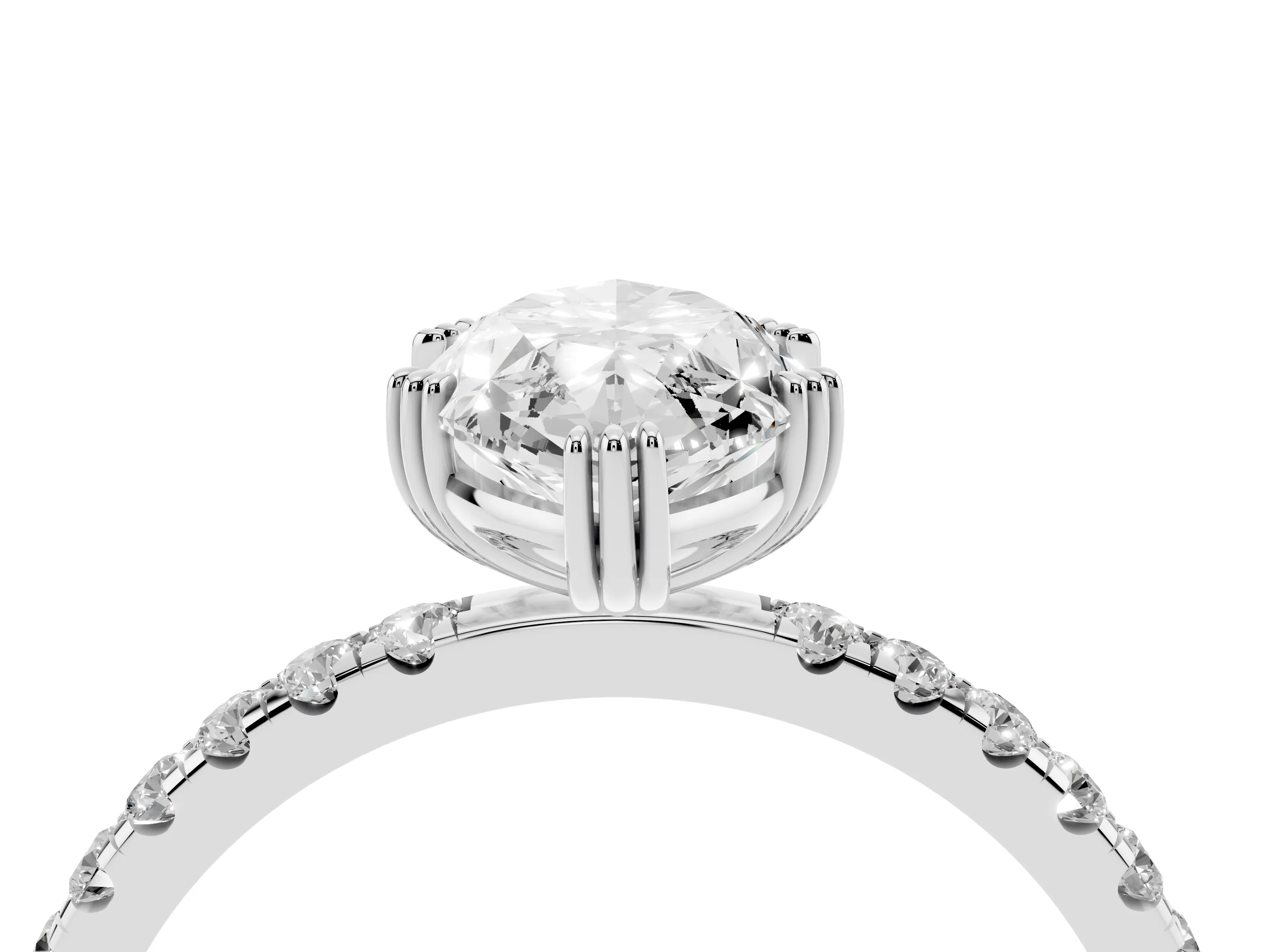 Marquise Cut Diamond Brilliant Solitaire Set in White gold with Pavé Band and Claw Prong Setting
