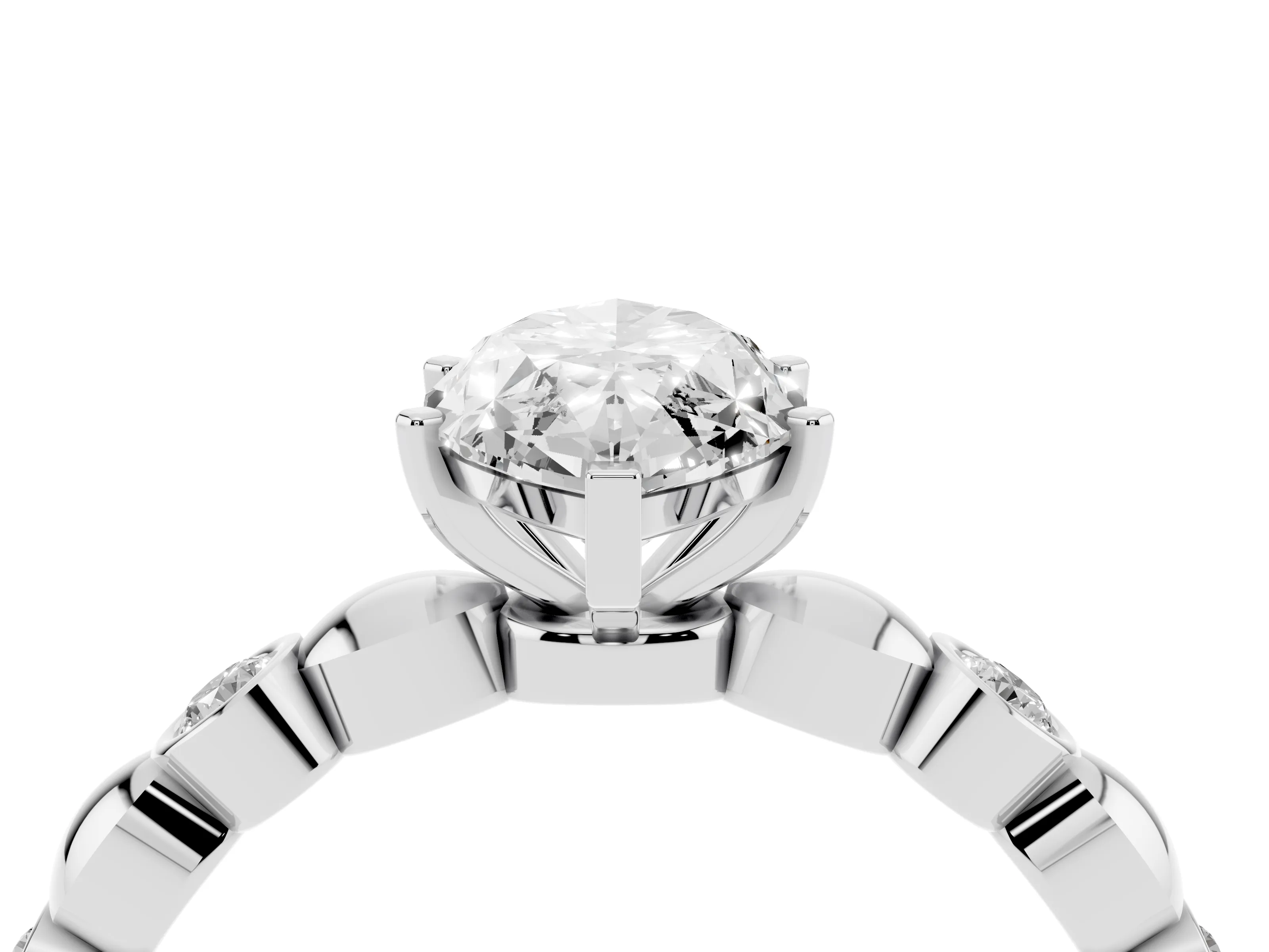 Marquise Cut Diamond Solitaire Ring Set in White gold with Bezel-Set Accents on Beaded Band and Prong Setting