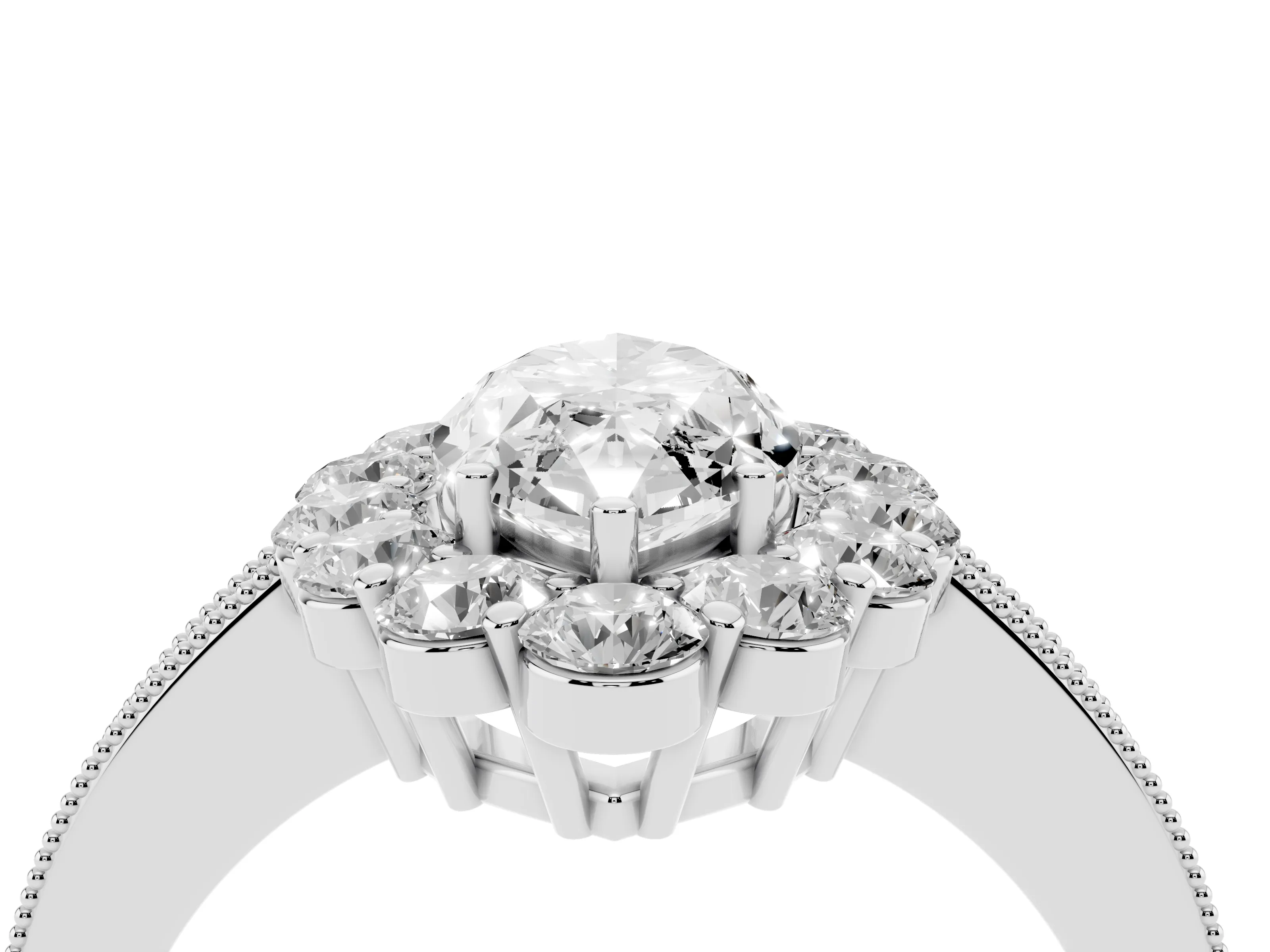 Marquise Cut Diamond Halo Pavé Engagement Ring Set in White gold with Milgrain Detailing