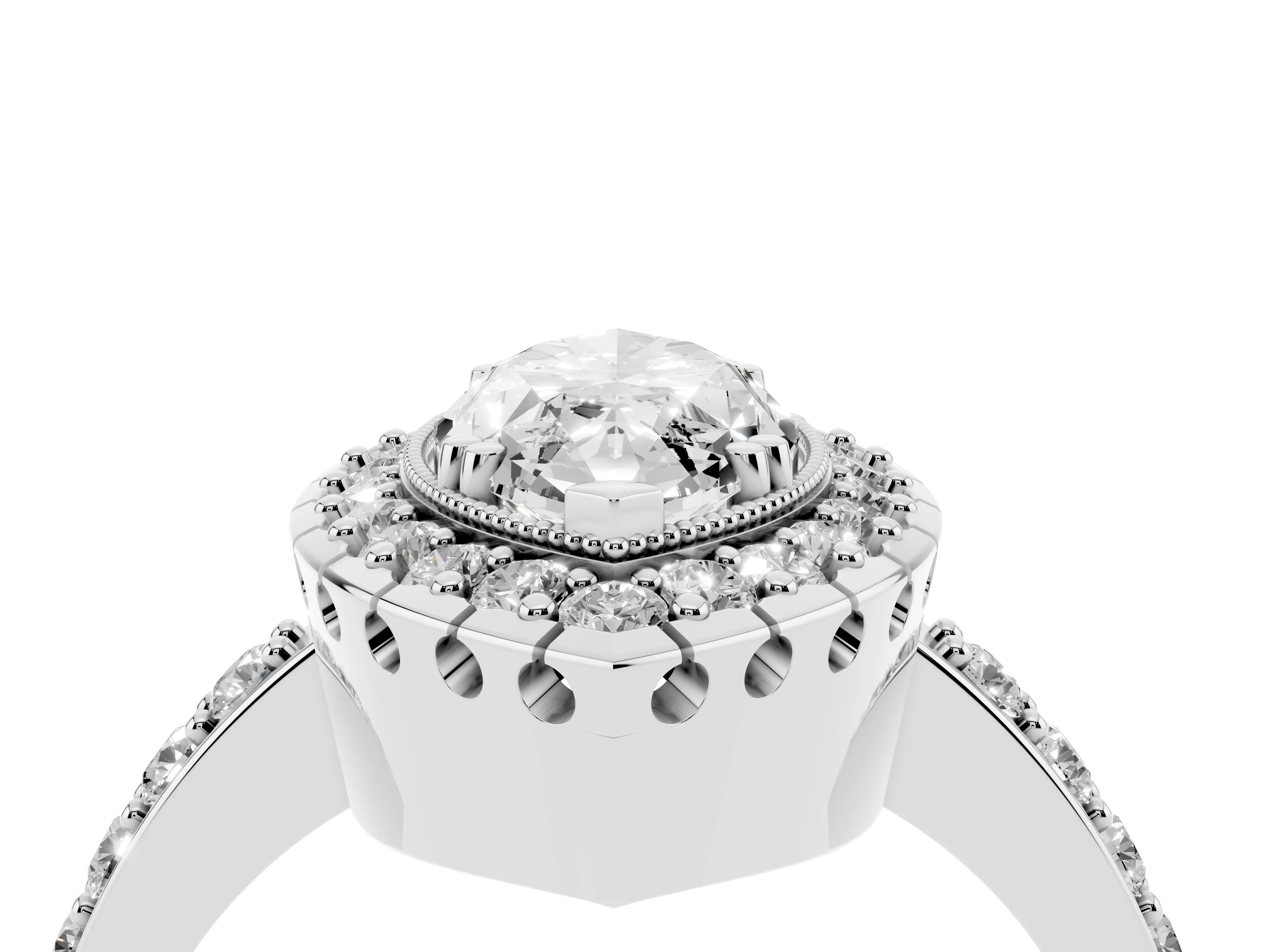 Marquise Cut Diamond Halo Ring Set in White gold with Pavé Shank and Prong Setting